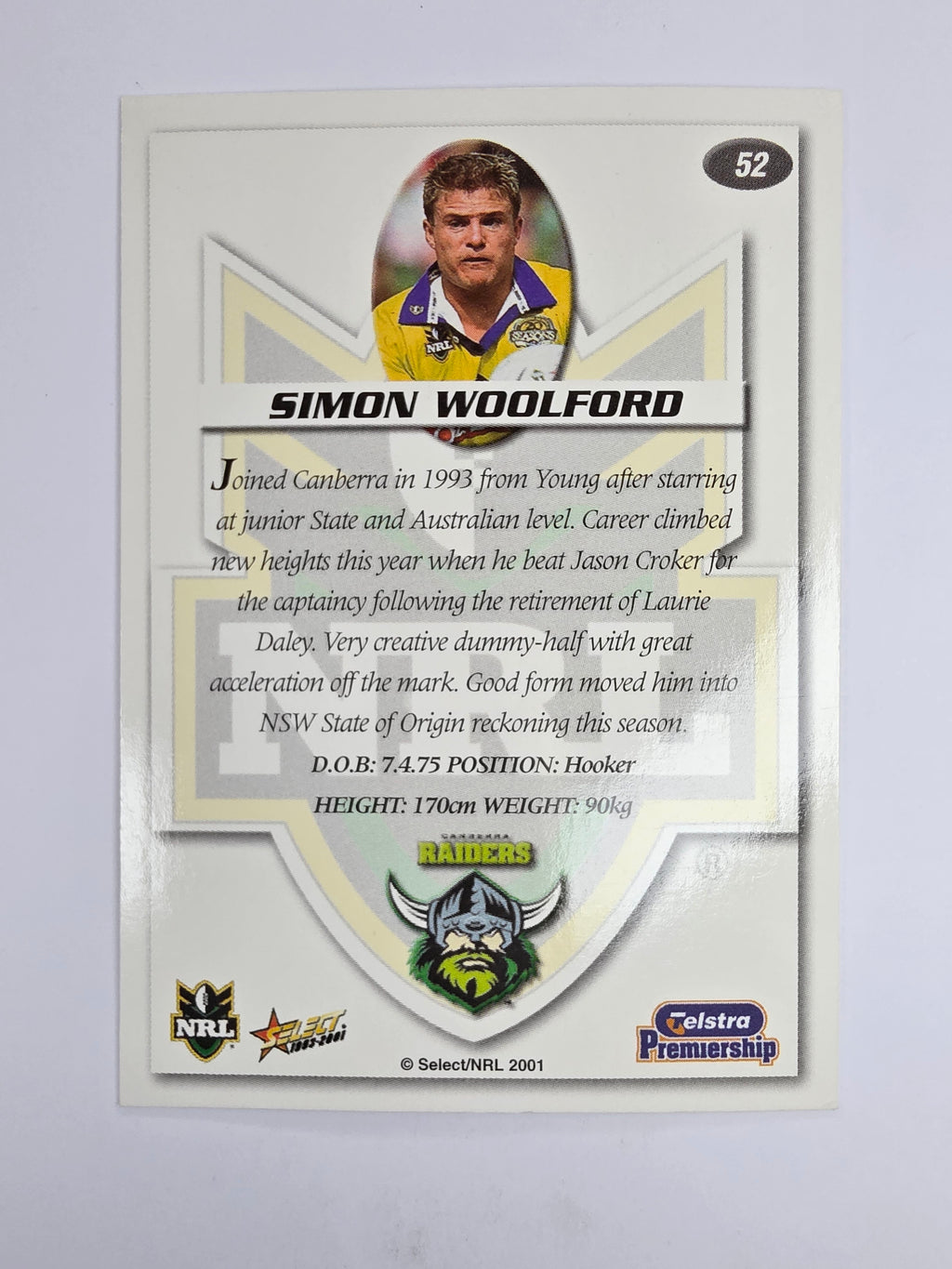 NRL 2001 Impact Base Card #52 Simon Woolford Canberra Raiders