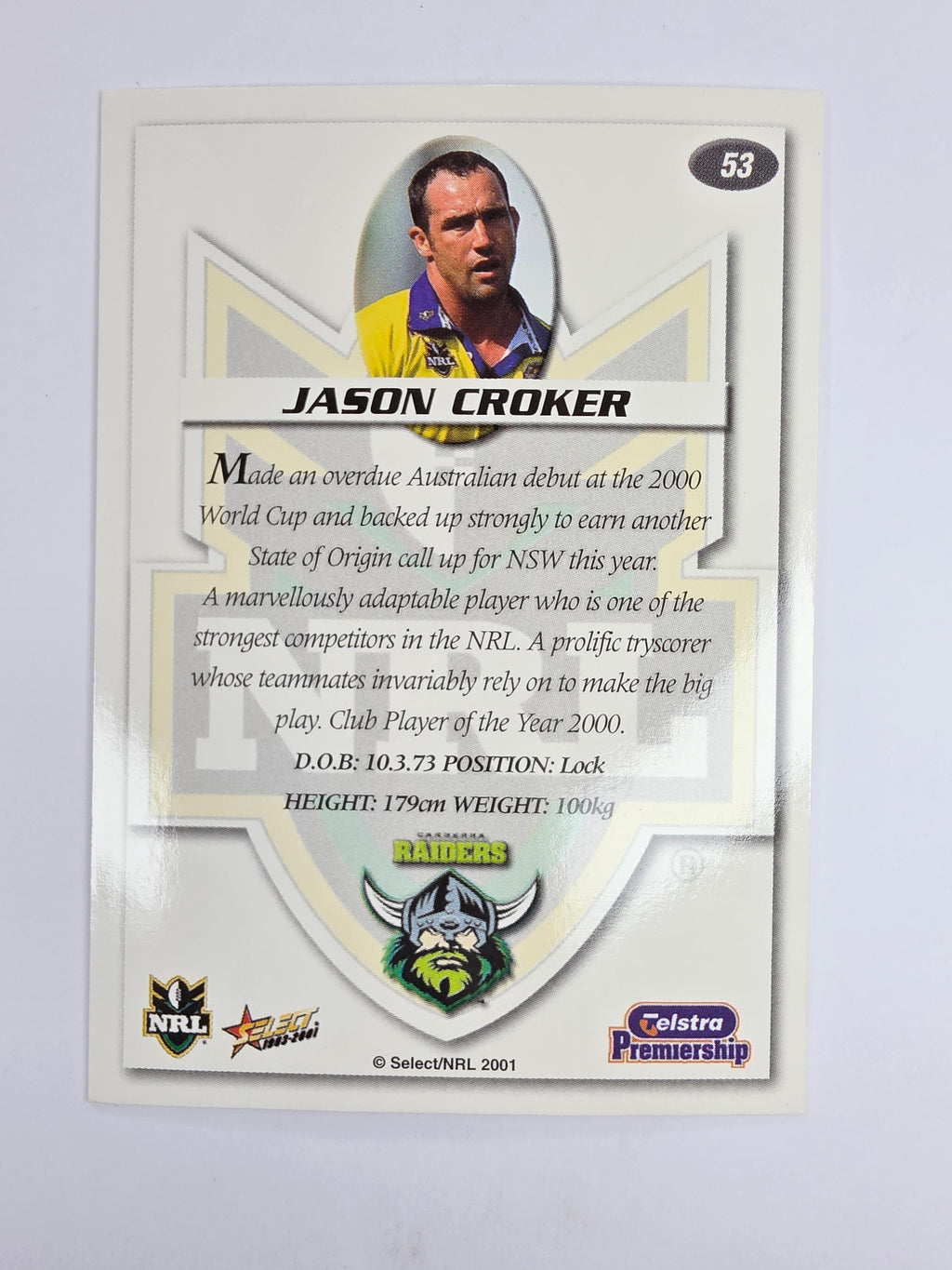 NRL 2001 Impact Base Card #53 Jason Croker Canberra Raiders