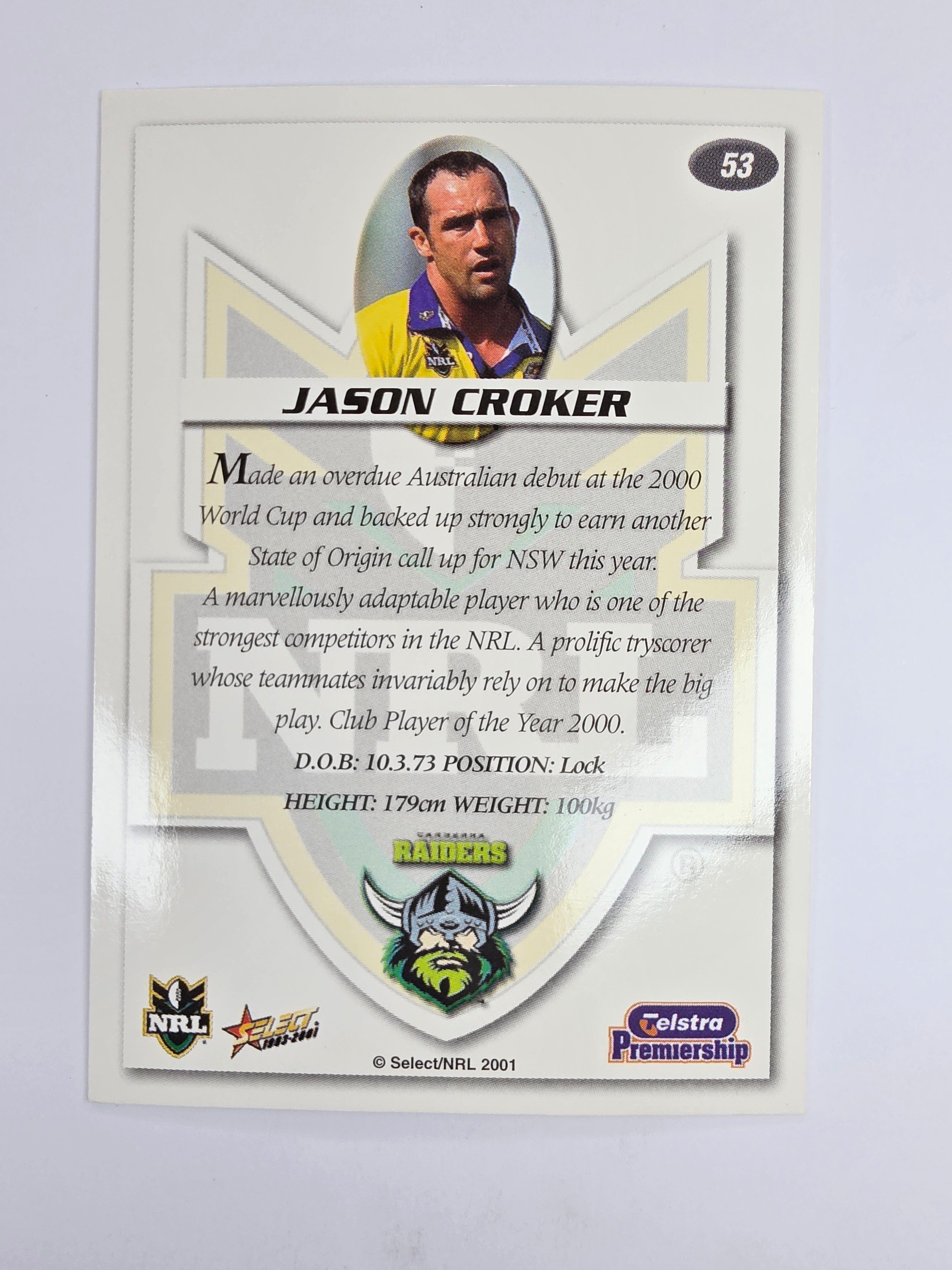 NRL 2001 Impact Base Card #53 Jason Croker Canberra Raiders