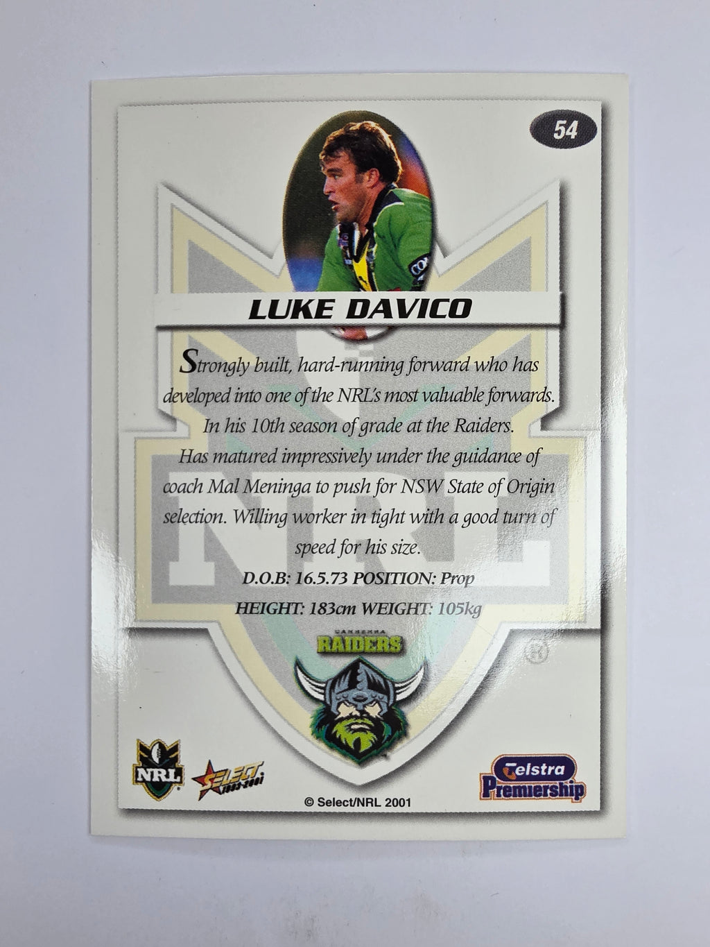 NRL 2001 Impact Base Card #54 Luke Davico Canberra Raiders