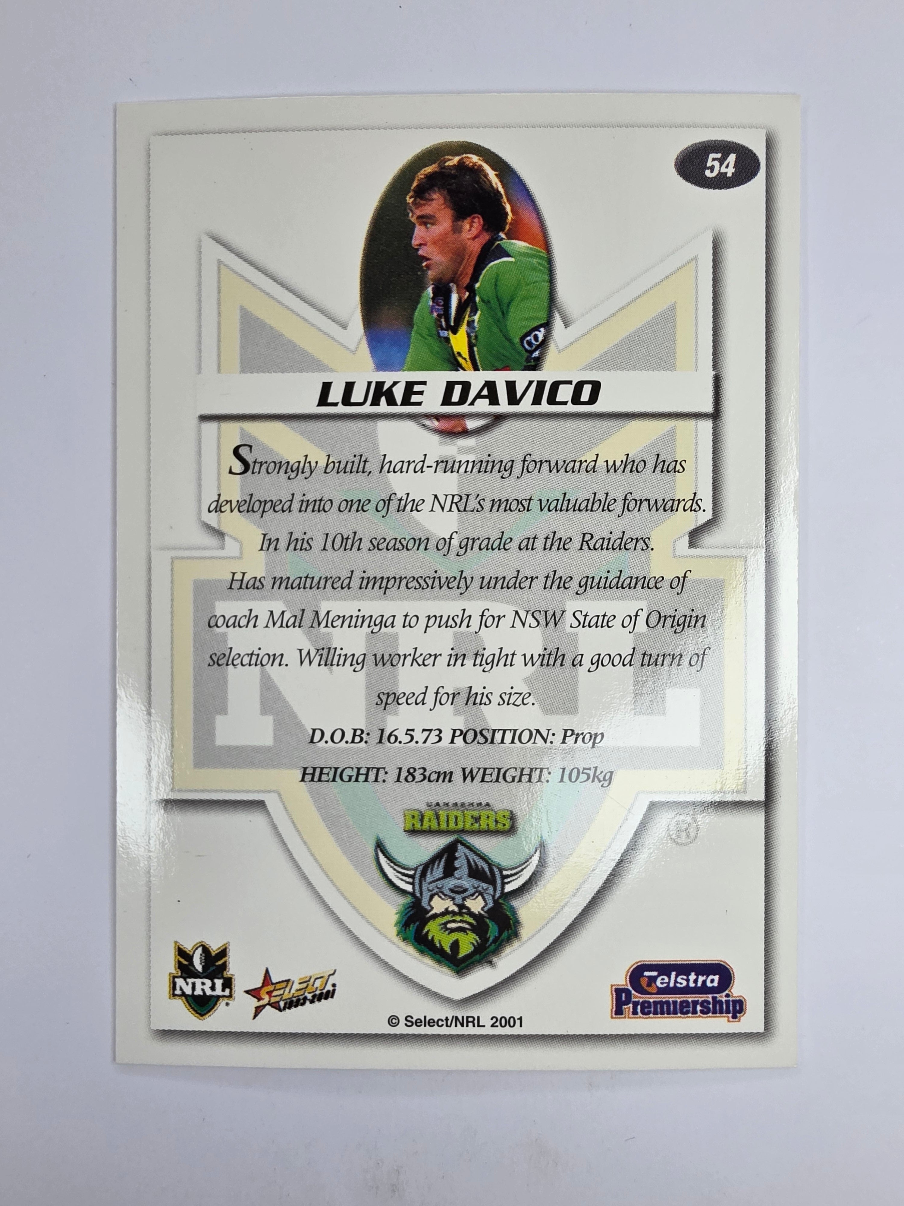NRL 2001 Impact Base Card #54 Luke Davico Canberra Raiders