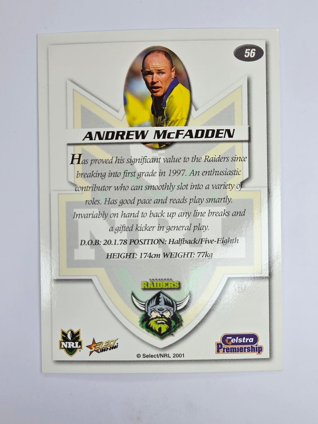 NRL 2001 Impact Base Card #56 Andrew McFadden Canberra Raiders