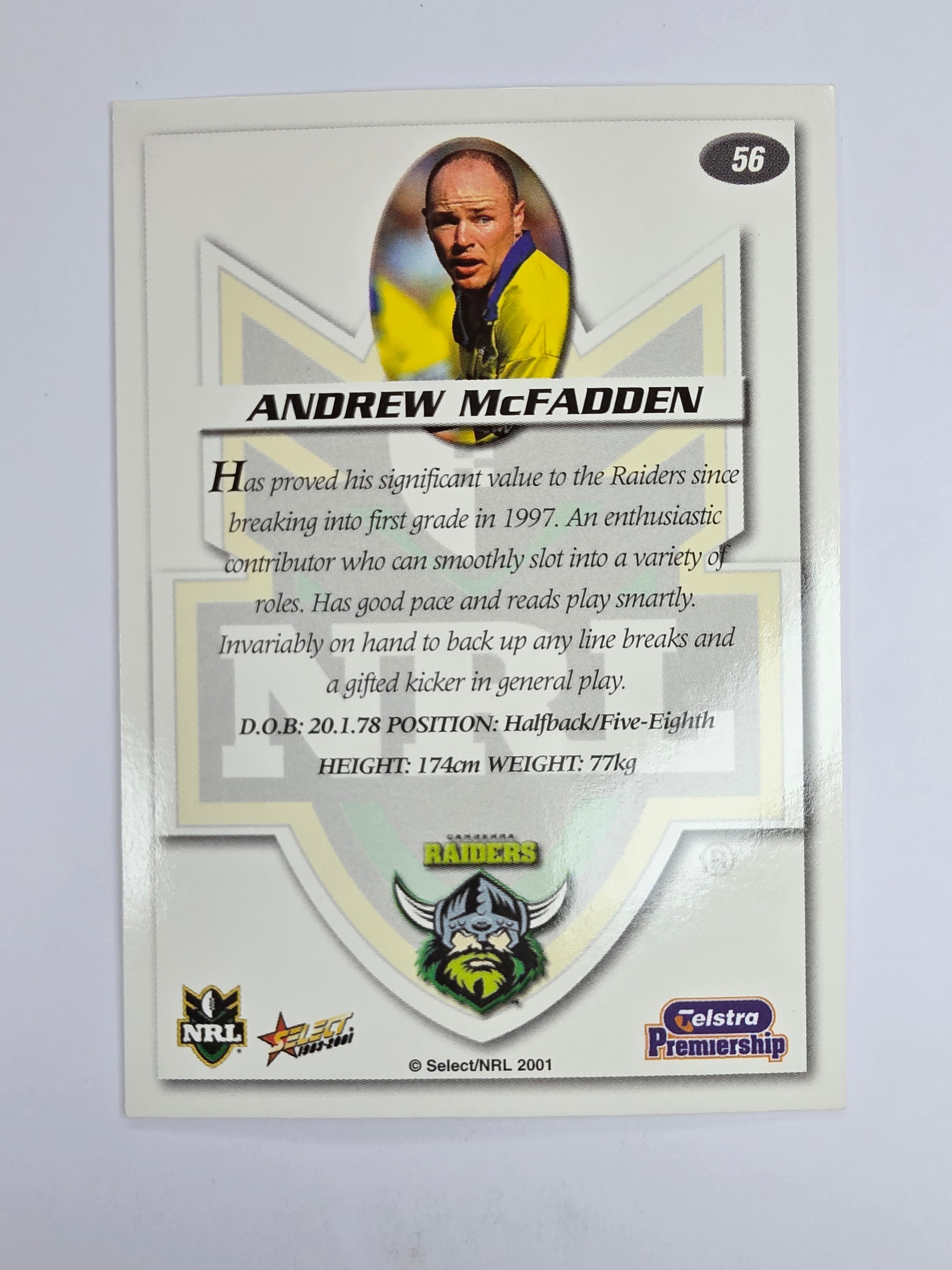 NRL 2001 Impact Base Card #56 Andrew McFadden Canberra Raiders
