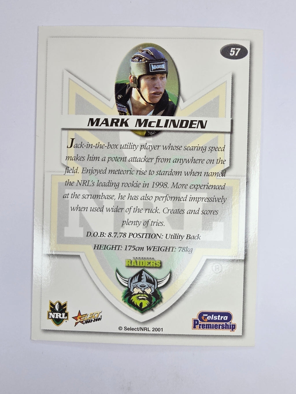 NRL 2001 Impact Base Card #57 Mark McLinden Canberra Raiders