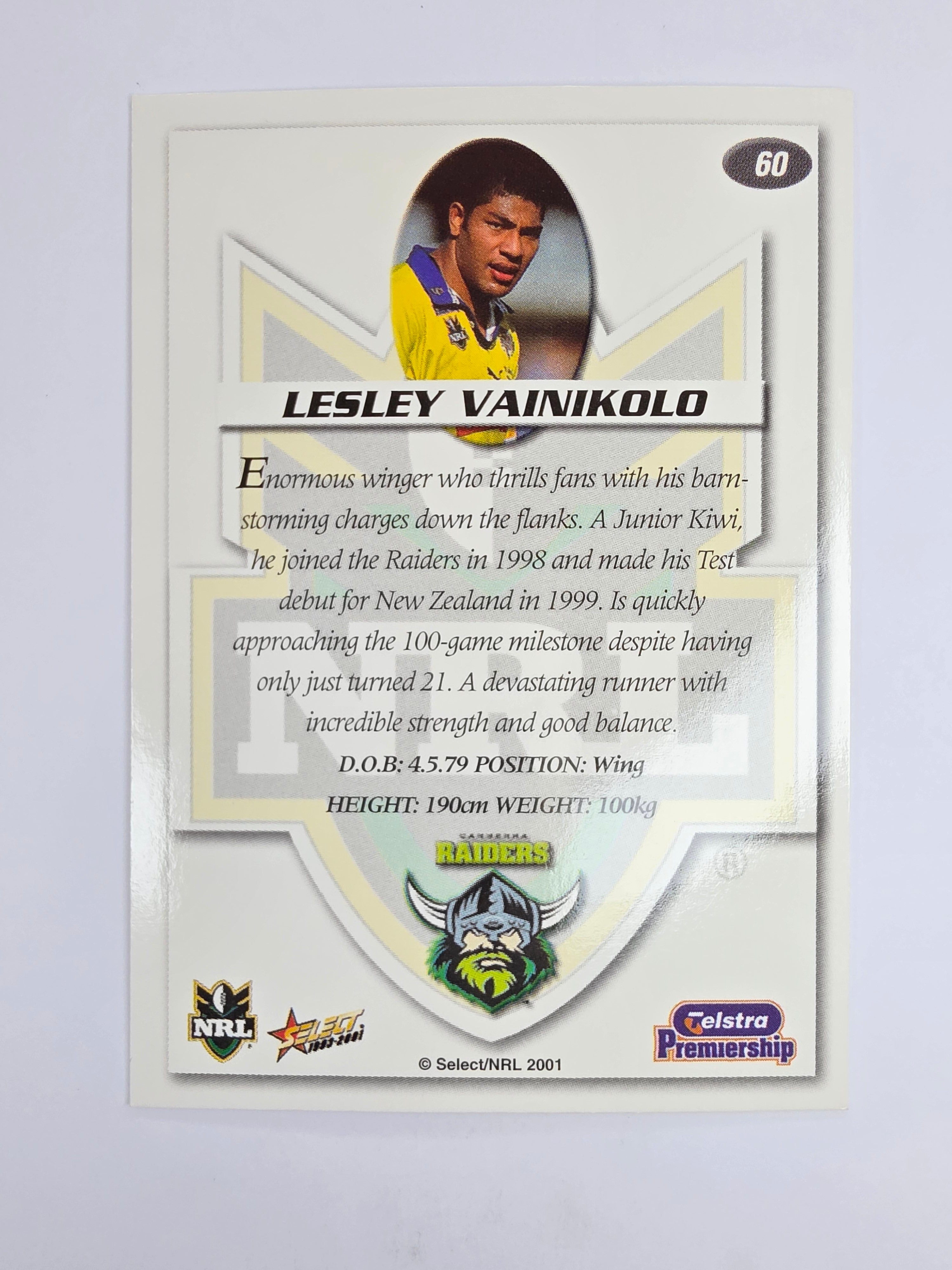 NRL 2001 Impact Base Card #60 Lesley Vainikolo Canberra Raiders