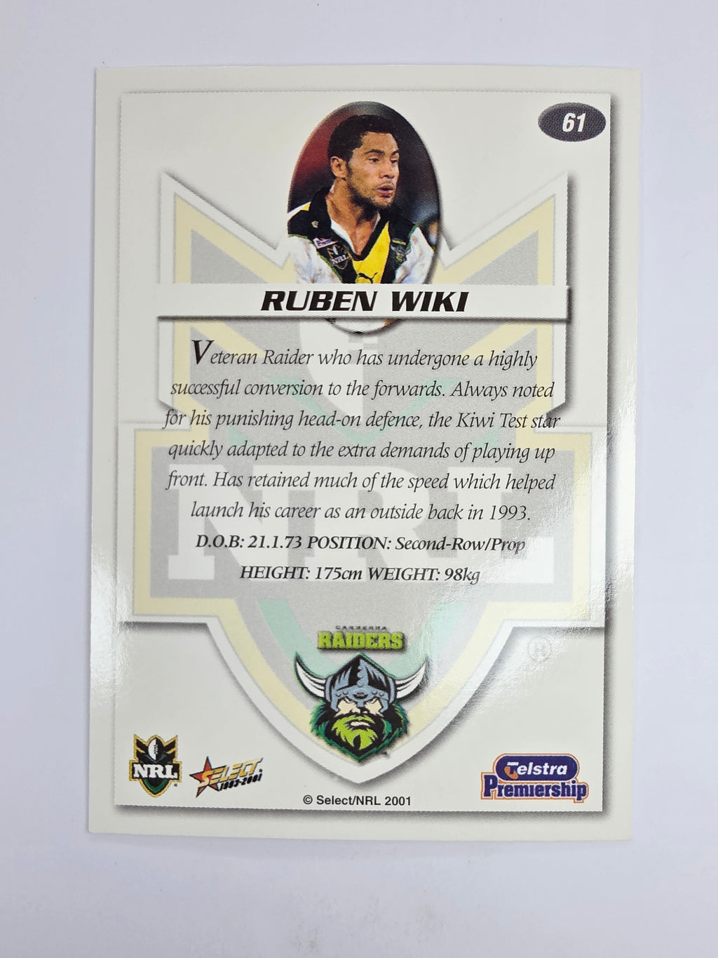 NRL 2001 Impact Base Card #61 Ruben Wiki Canberra Raiders
