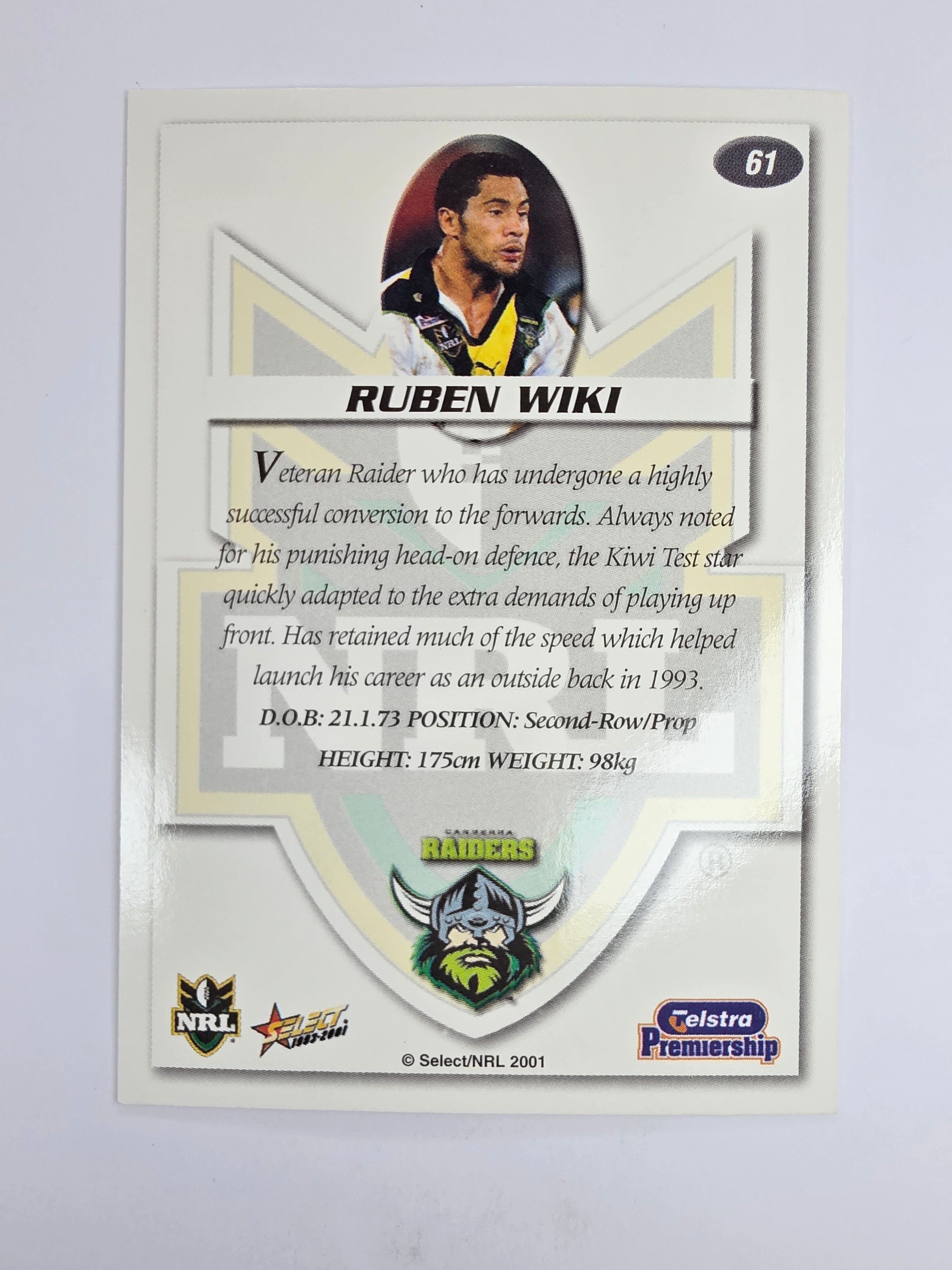 NRL 2001 Impact Base Card #61 Ruben Wiki Canberra Raiders
