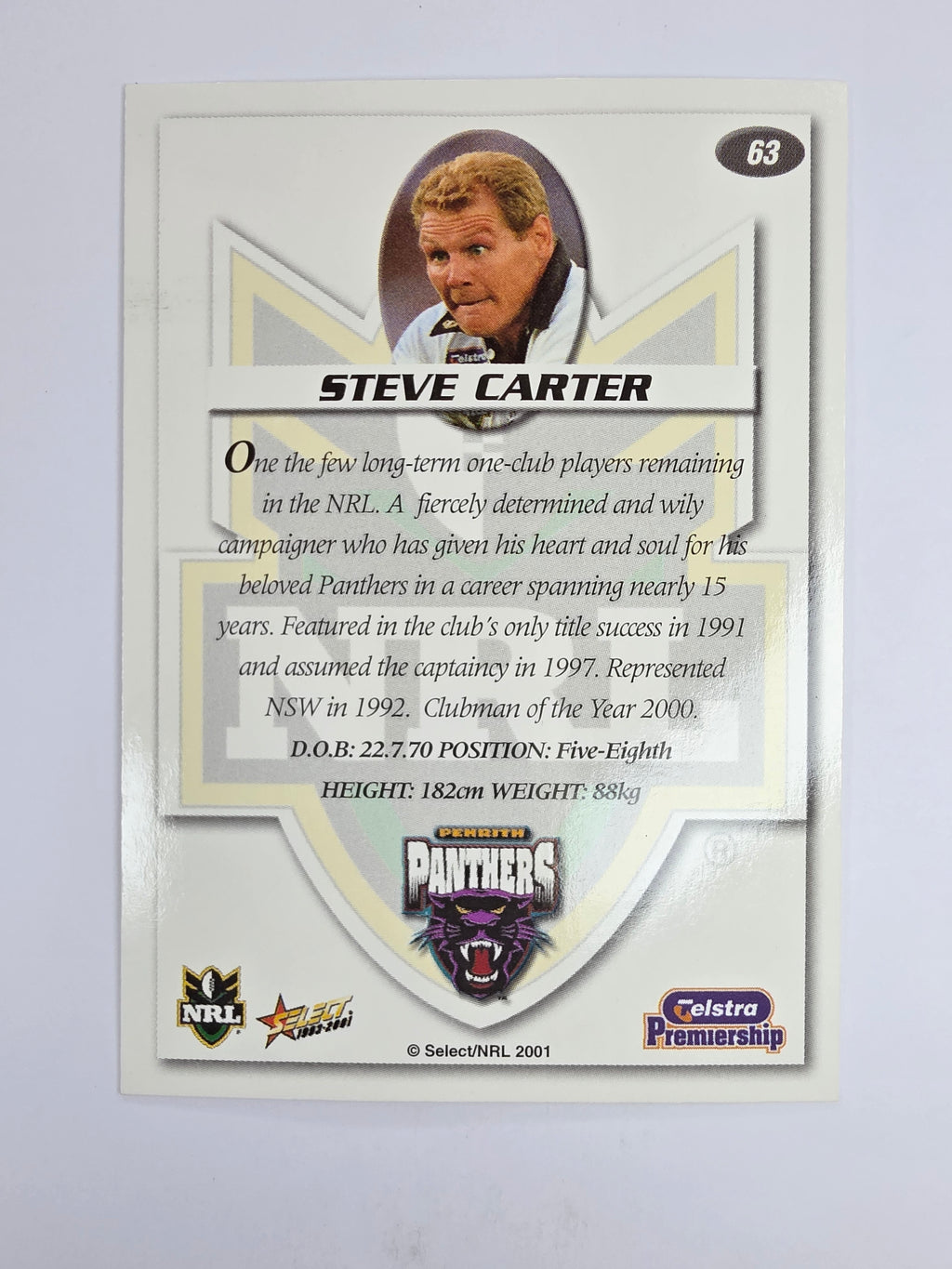 NRL 2001 Impact Base Card #63 Steve Carter Penrith Panthers