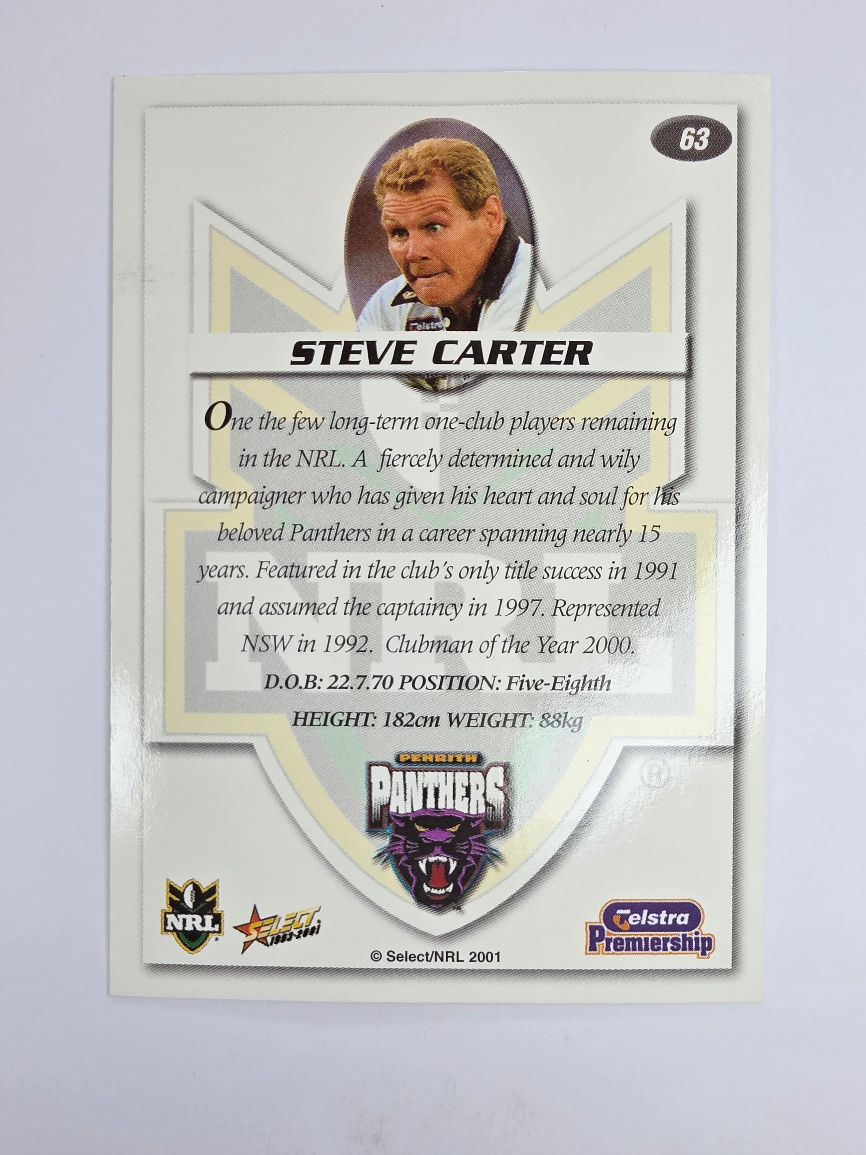 NRL 2001 Impact Base Card #63 Steve Carter Penrith Panthers