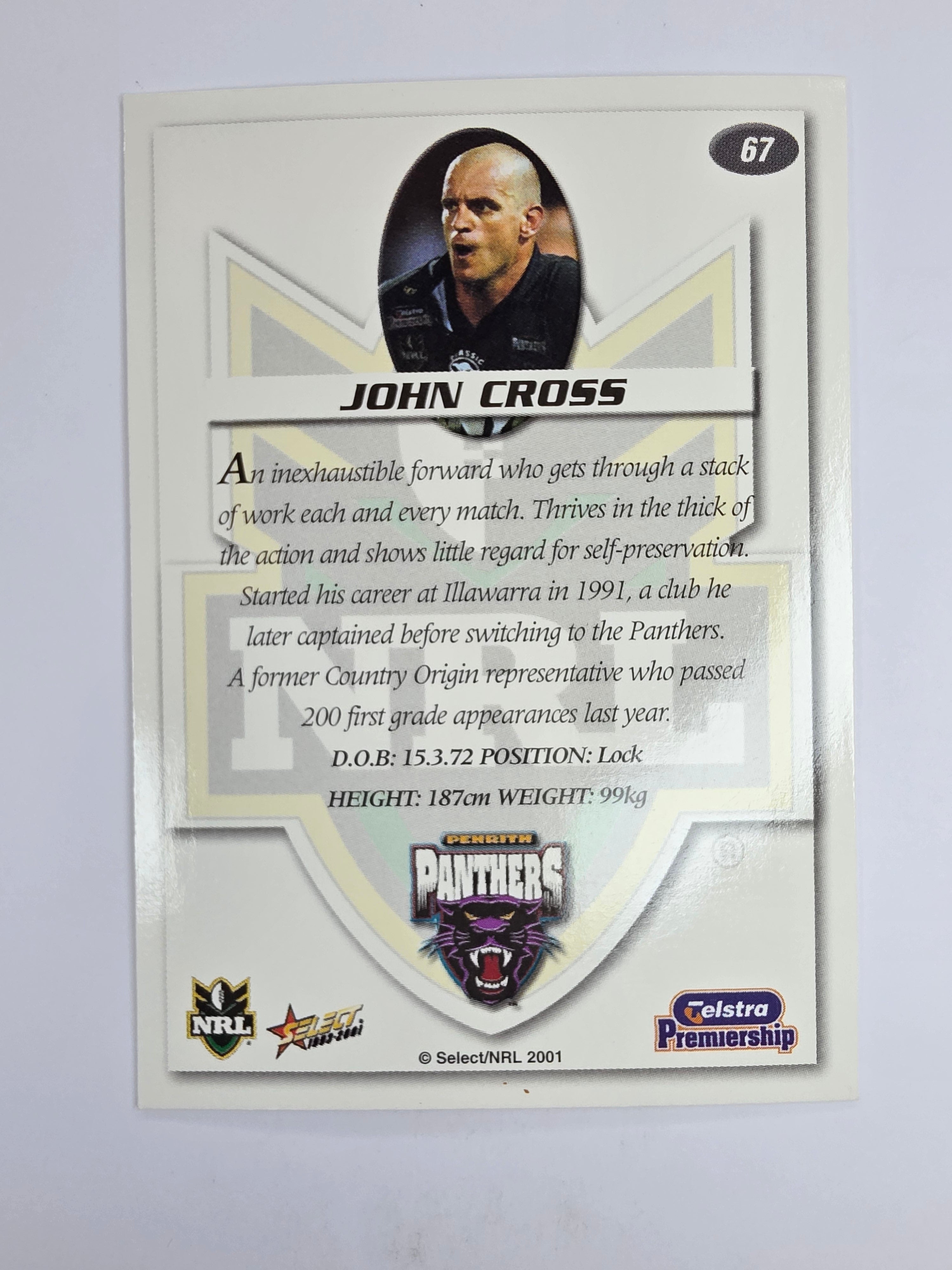 NRL 2001 Impact Base Card #67 John Cross Penrith Panthers