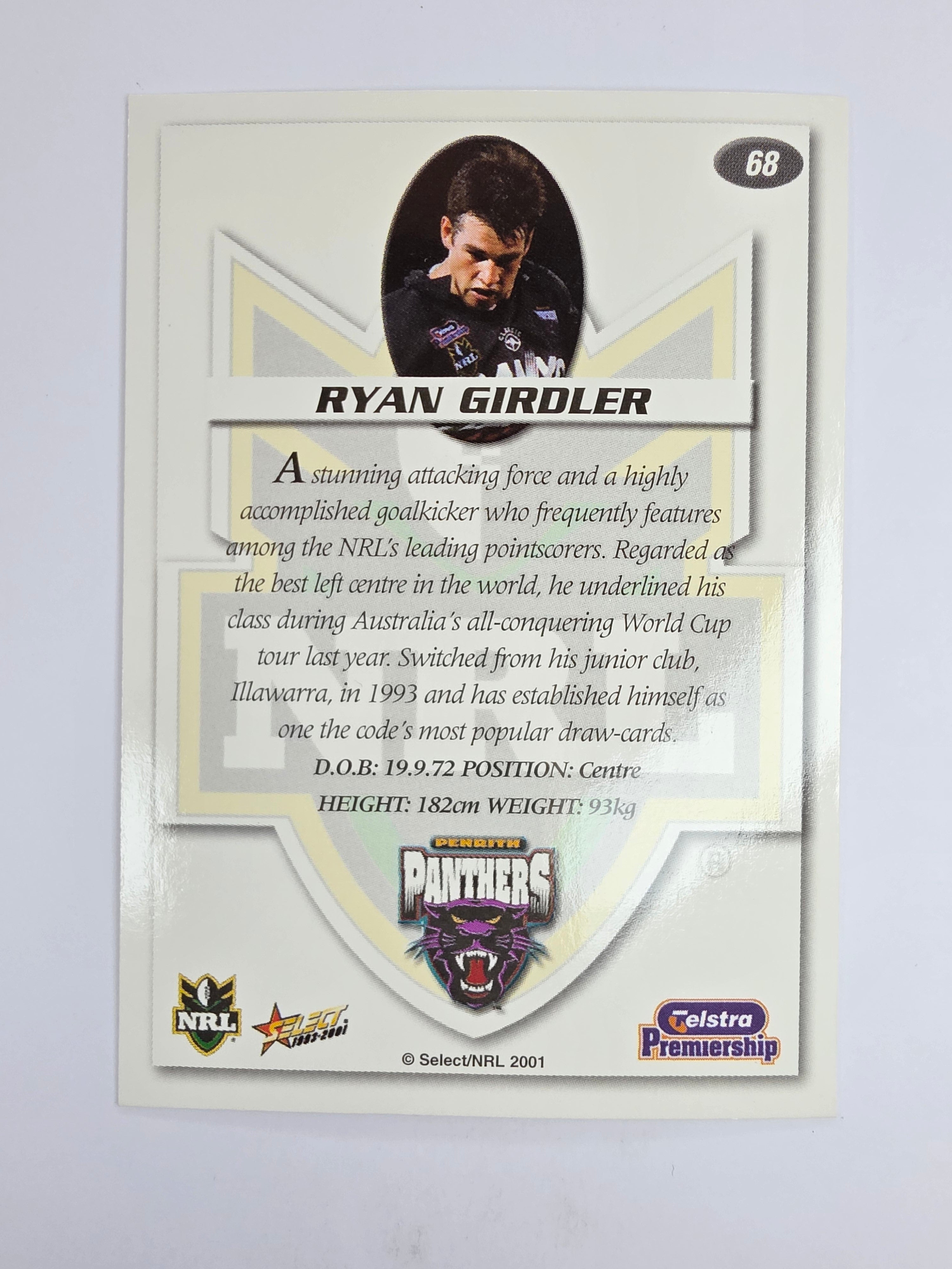 NRL 2001 Impact Base Card #68 Ryan Girdler Penrith Panthers