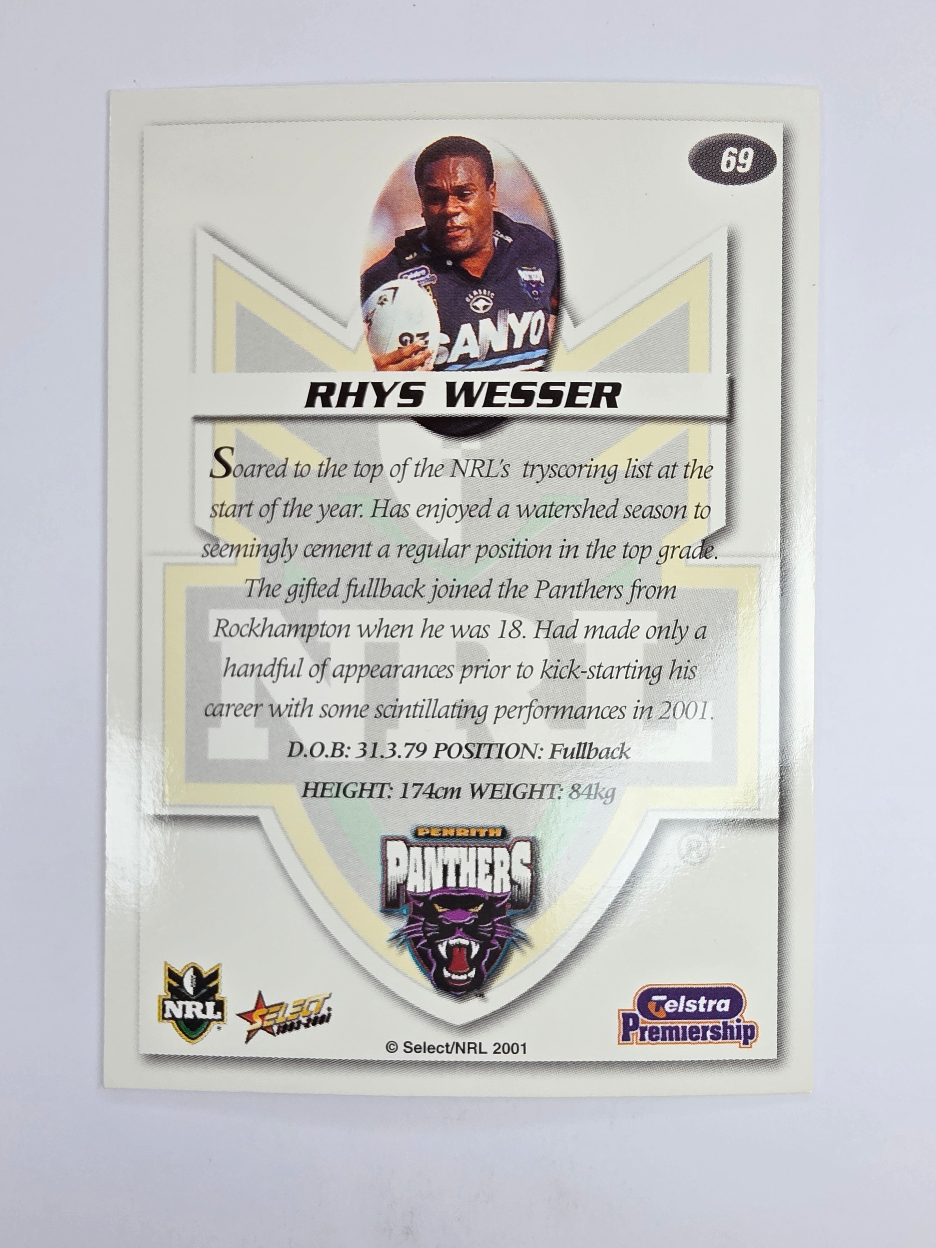 NRL 2001 Impact Base Card #69 Rhys Wesser Penrith Panthers