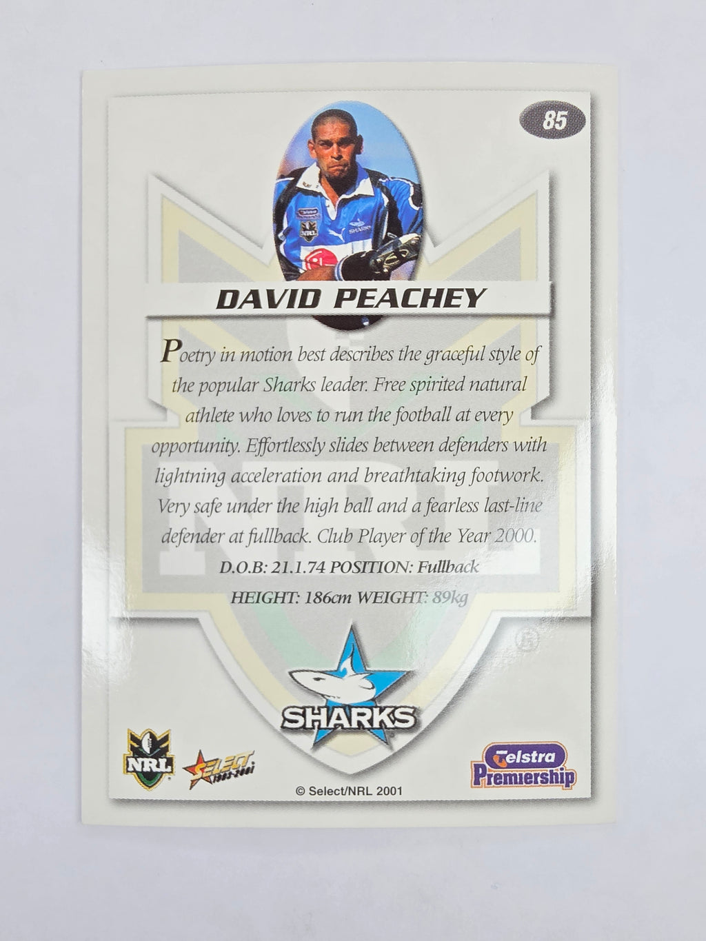 NRL 2001 Impact Base Card #85 David Peachey Cronulla Sutherland Sharks