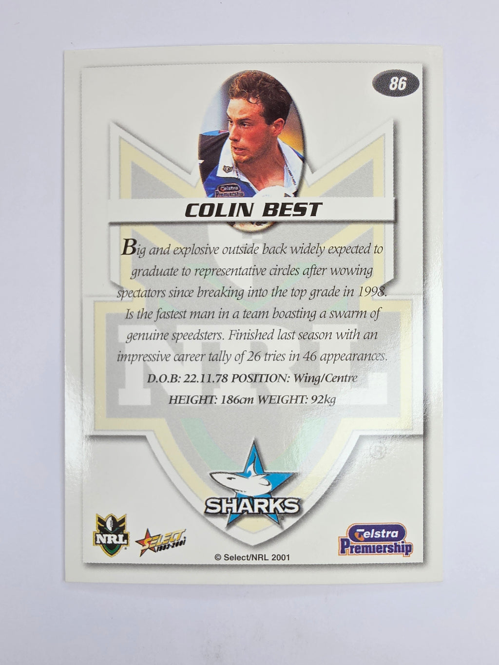 NRL 2001 Impact Base Card #86 Colin Best Cronulla Sutherland Sharks