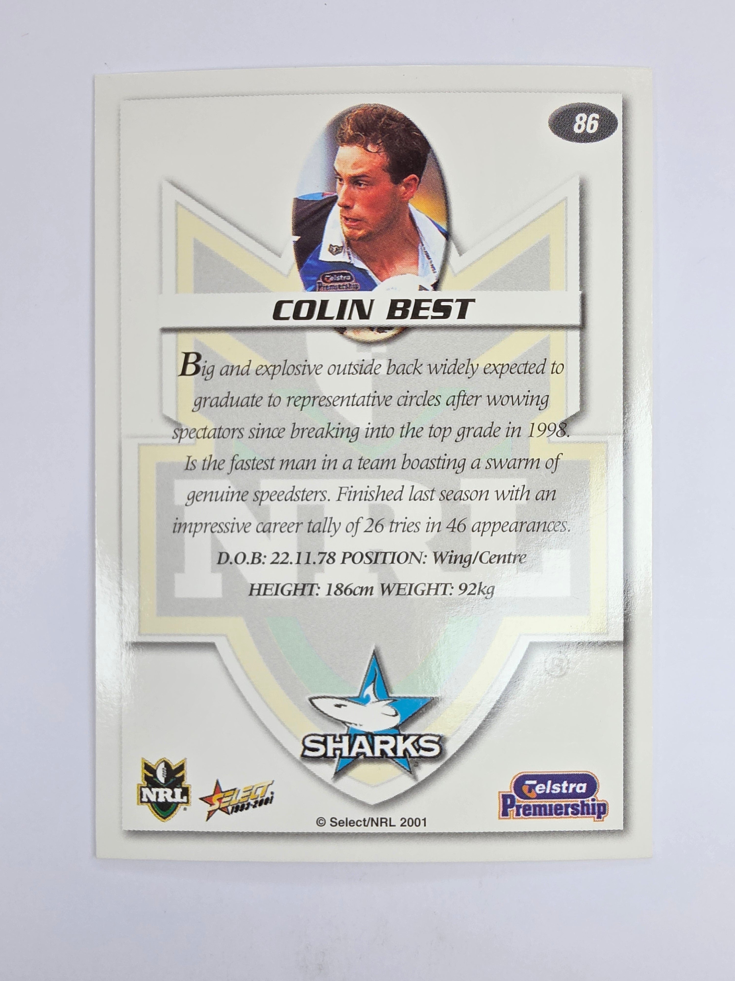 NRL 2001 Impact Base Card #86 Colin Best Cronulla Sutherland Sharks