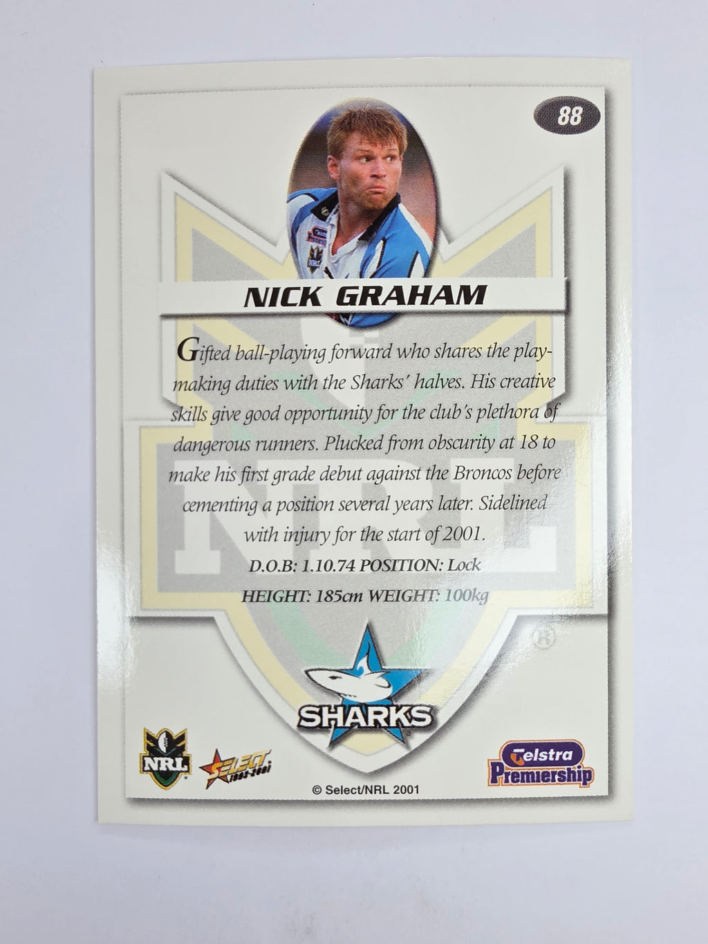 NRL 2001 Impact Base Card #88 Nick Graham Cronulla Sutherland Sharks