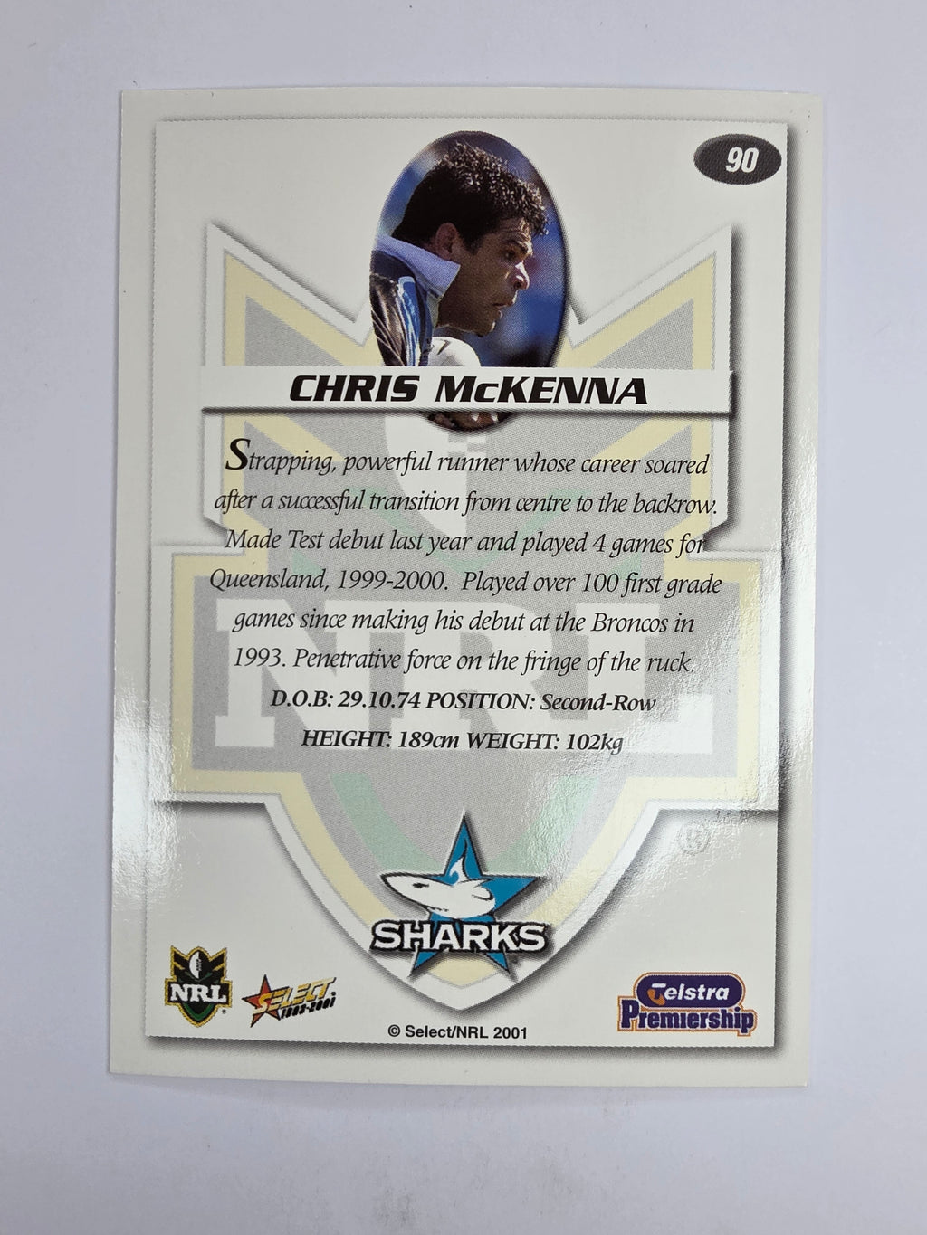 NRL 2001 Impact Base Card #90 Chris McKenna Cronulla Sutherland Sharks