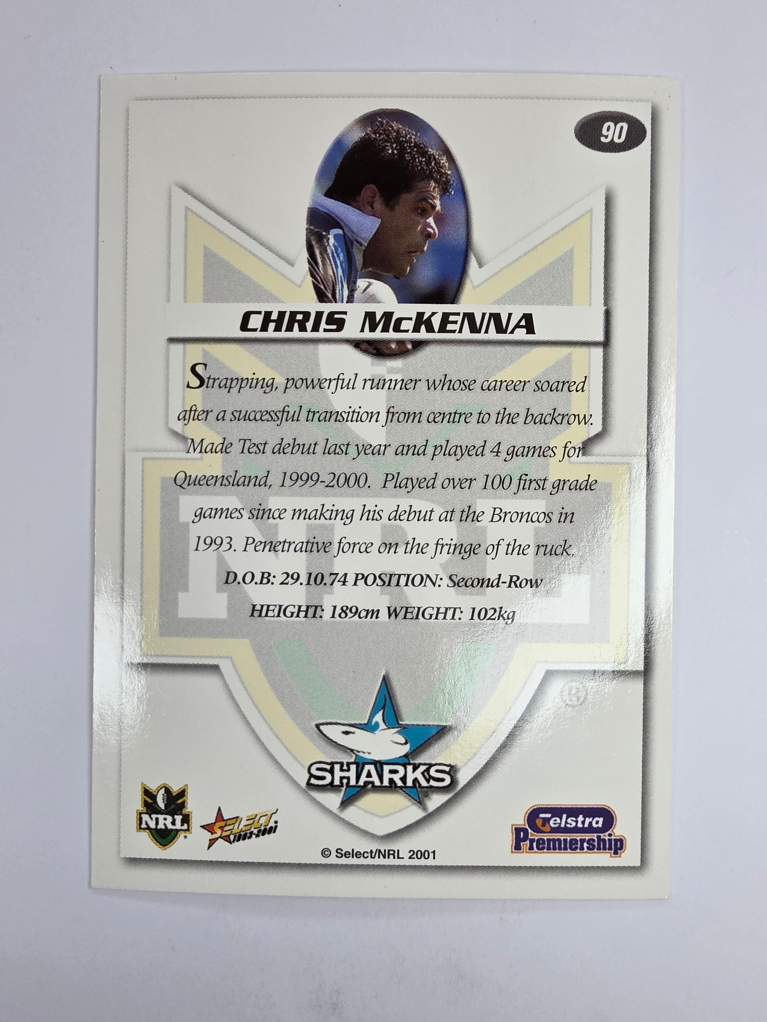 NRL 2001 Impact Base Card #90 Chris McKenna Cronulla Sutherland Sharks
