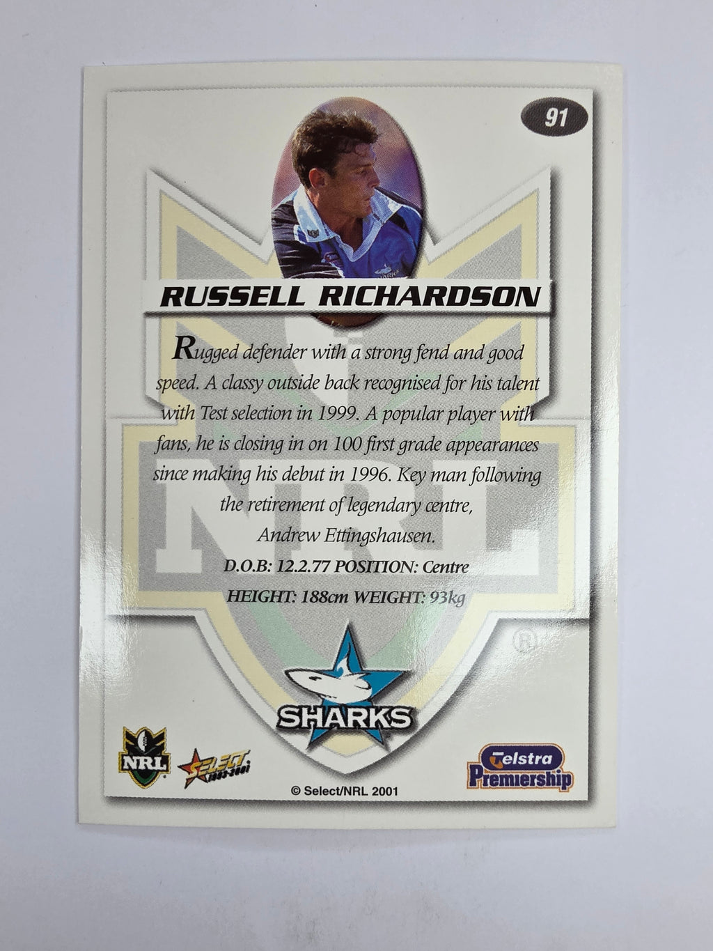 NRL 2001 Impact Base Card #91 Russell Richardson Cronulla Sutherland Sharks