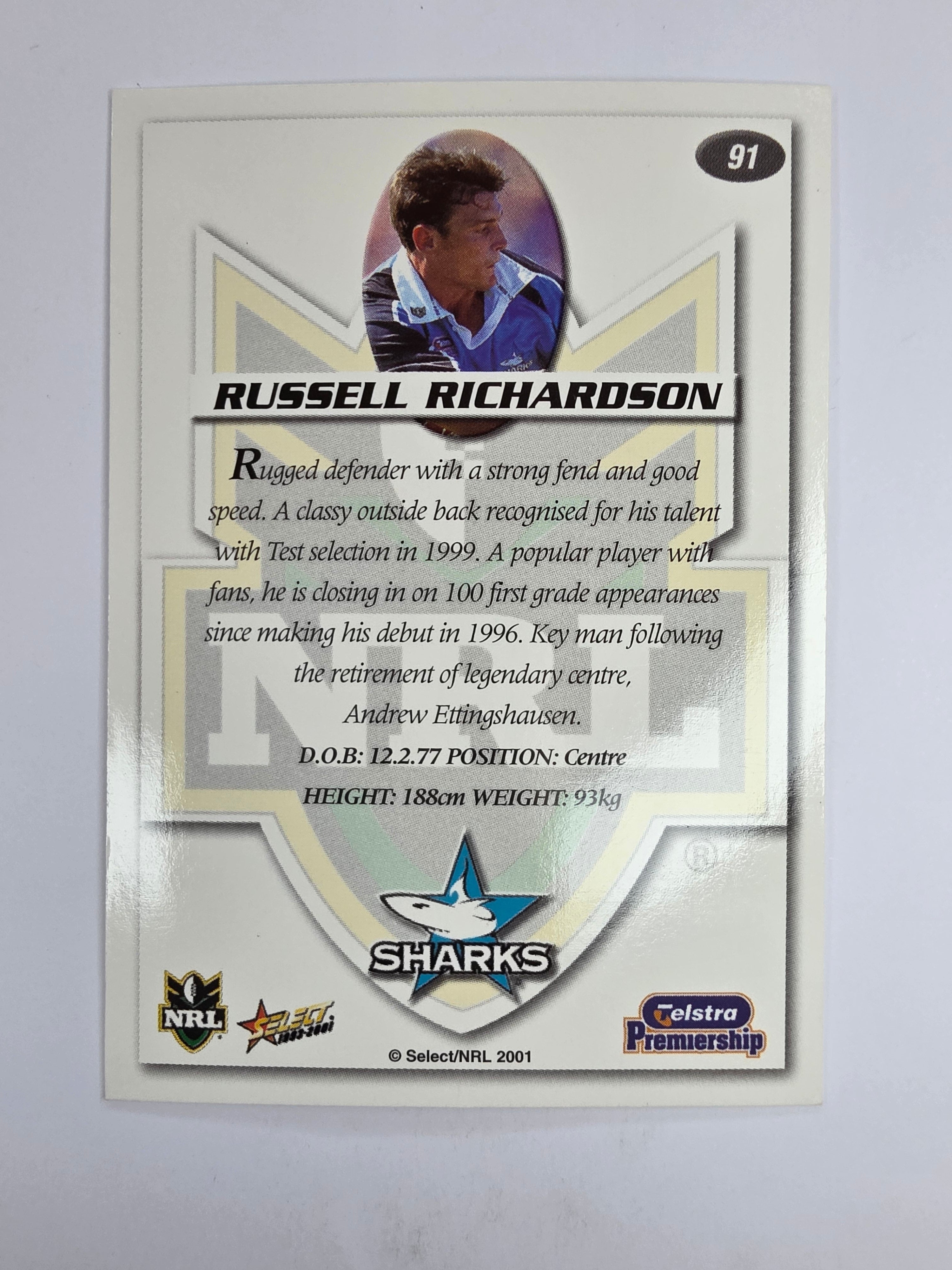 NRL 2001 Impact Base Card #91 Russell Richardson Cronulla Sutherland Sharks