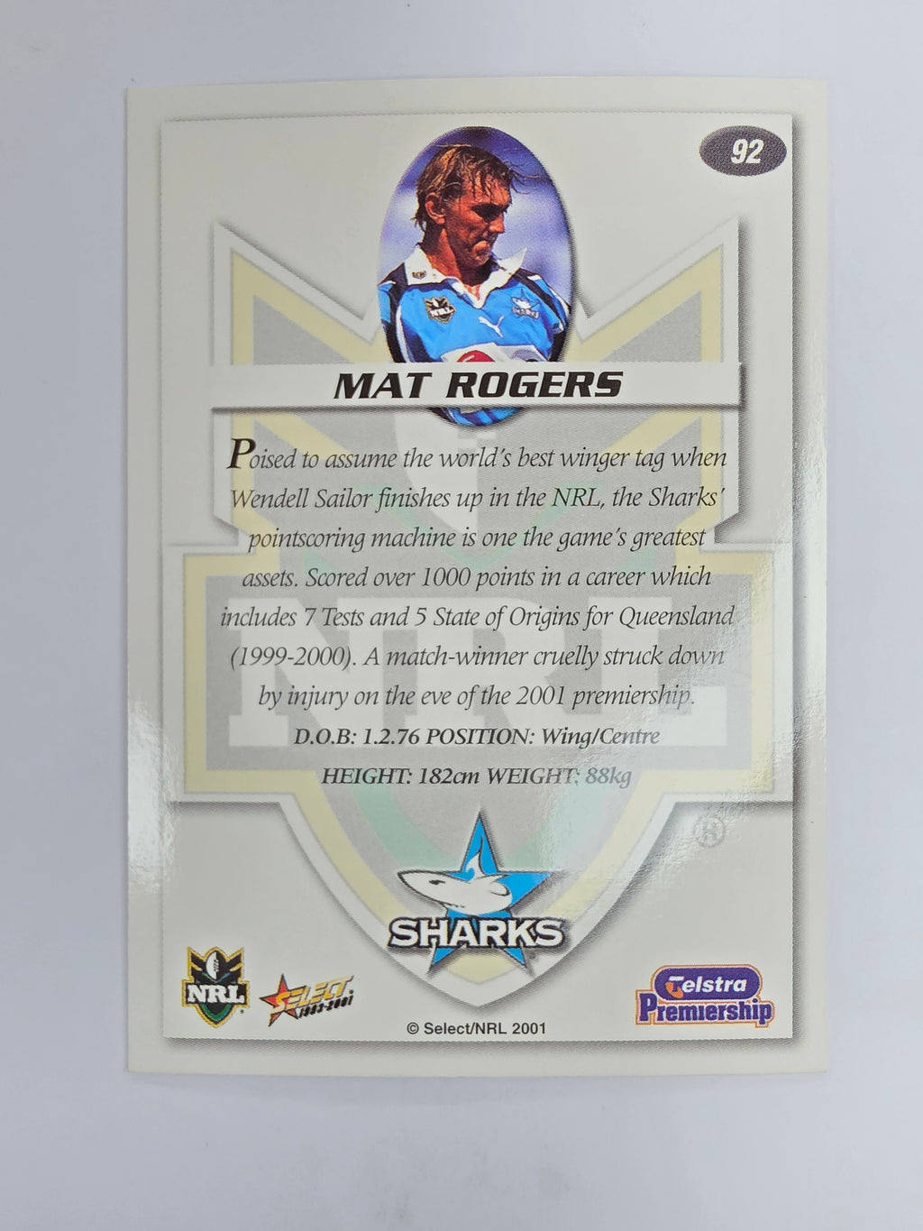 NRL 2001 Impact Base Card #92 Mat Rogers Cronulla Sutherland Sharks