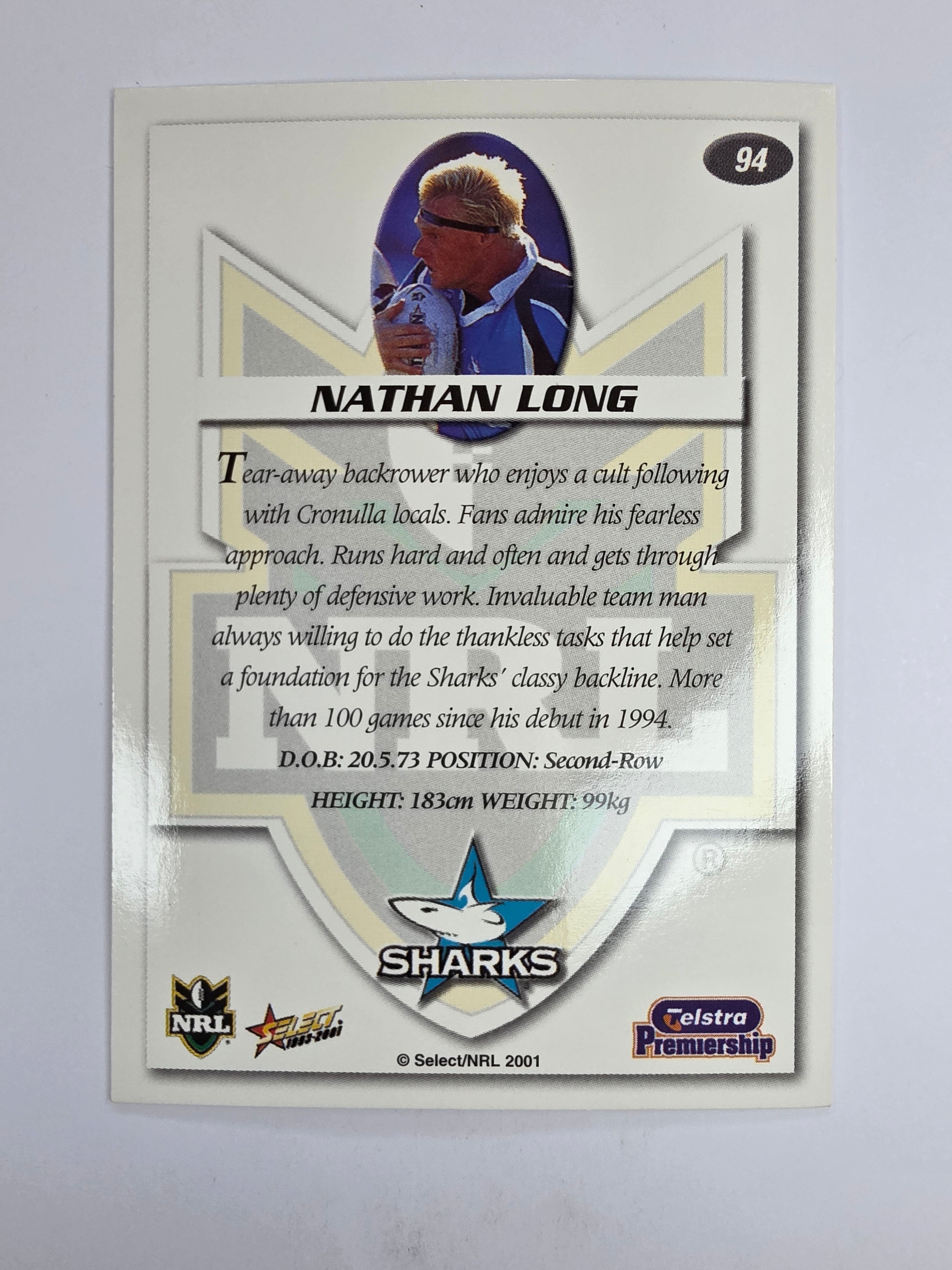 NRL 2001 Impact Base Card #94 Nathan Long Cronulla Sutherland Sharks