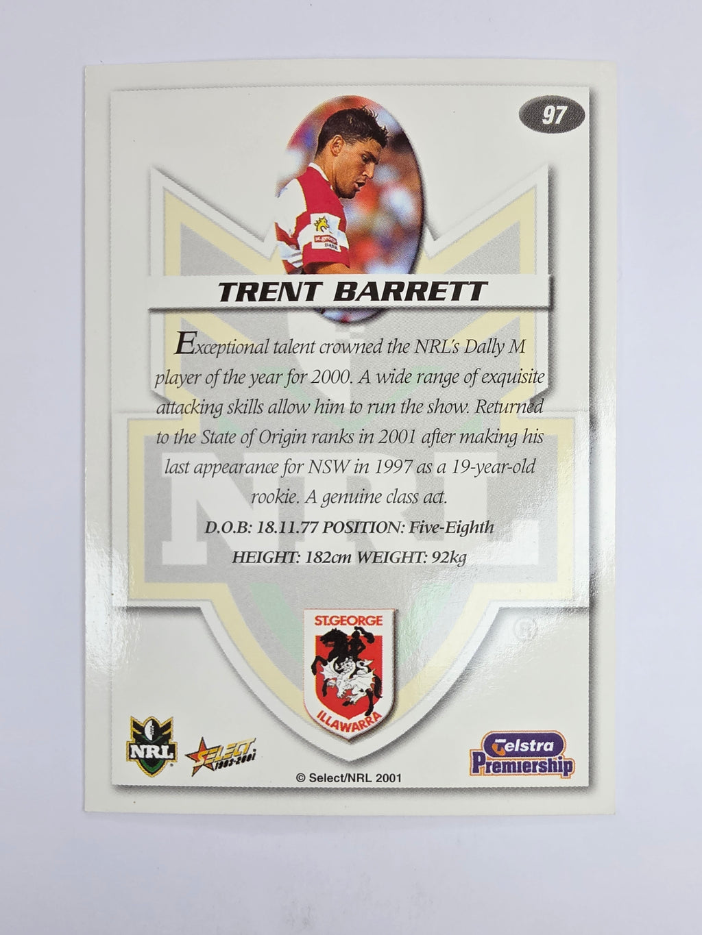 NRL 2001 Impact Base Card #97 Trent Barrett St George Illawarra Dragons