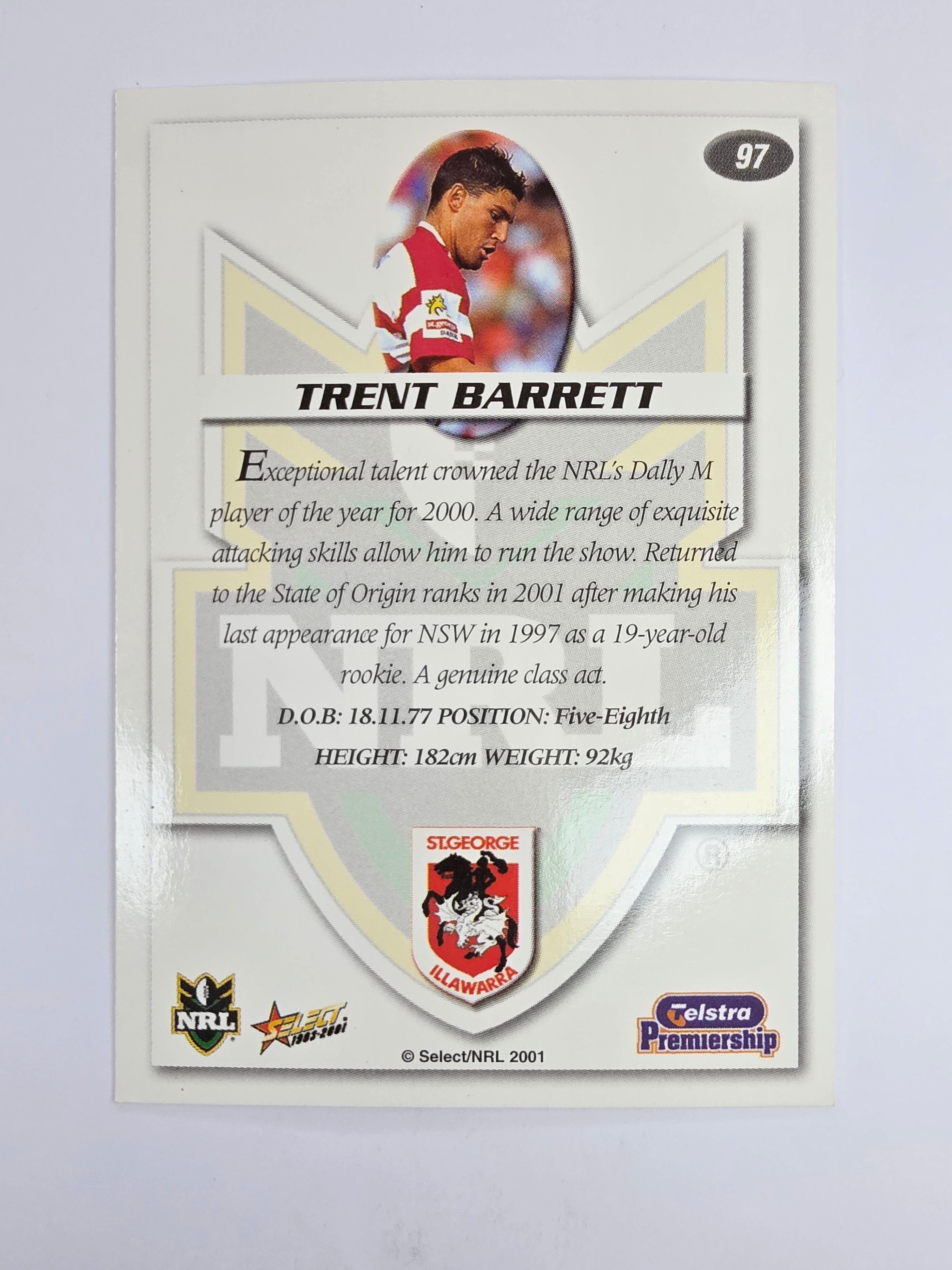 NRL 2001 Impact Base Card #97 Trent Barrett St George Illawarra Dragons