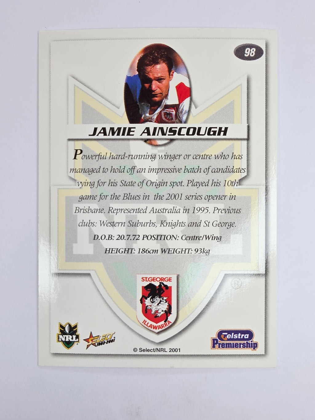 NRL 2001 Impact Base Card #98 Jamie Ainscough St George Illawarra Dragons