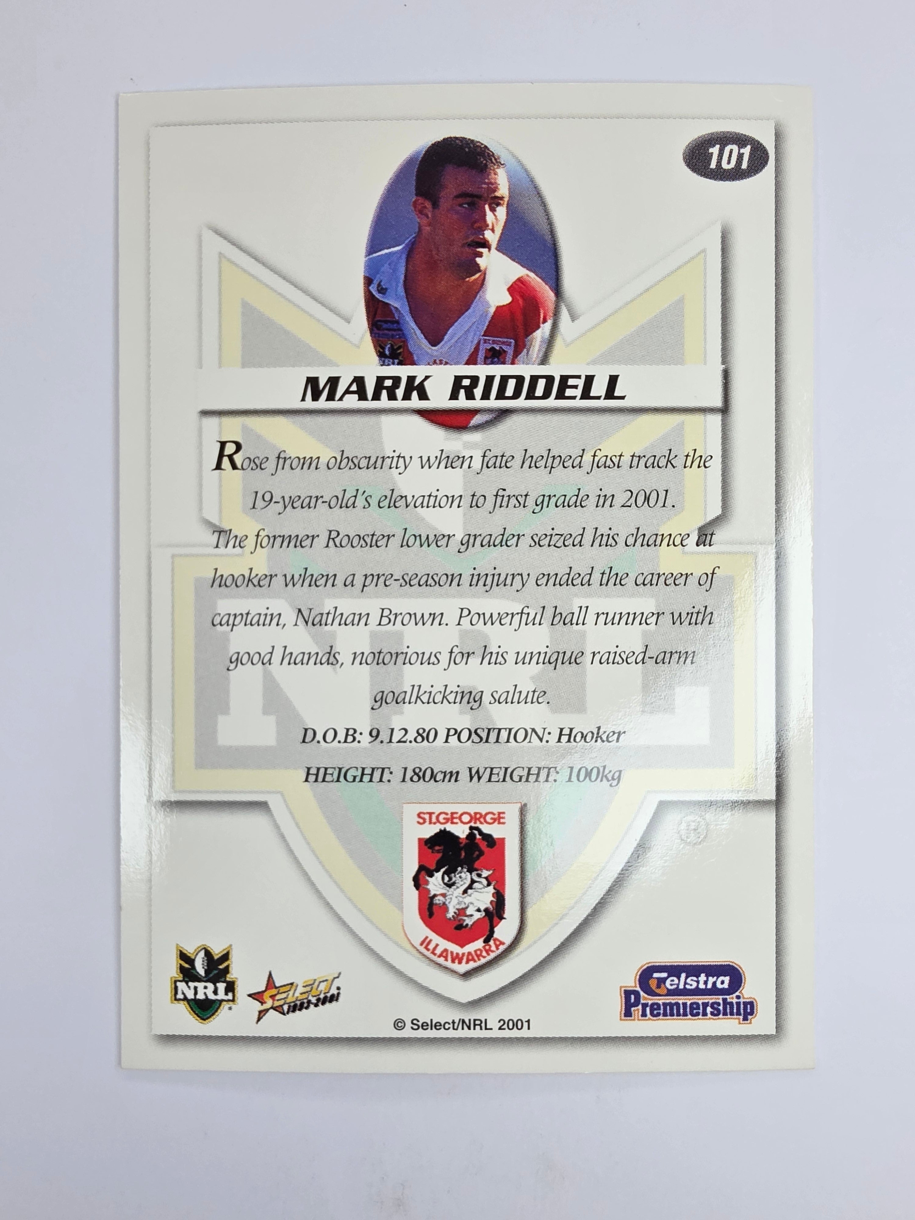 NRL 2001 Impact Base Card #101 Mark Riddell St George Illawarra Dragons