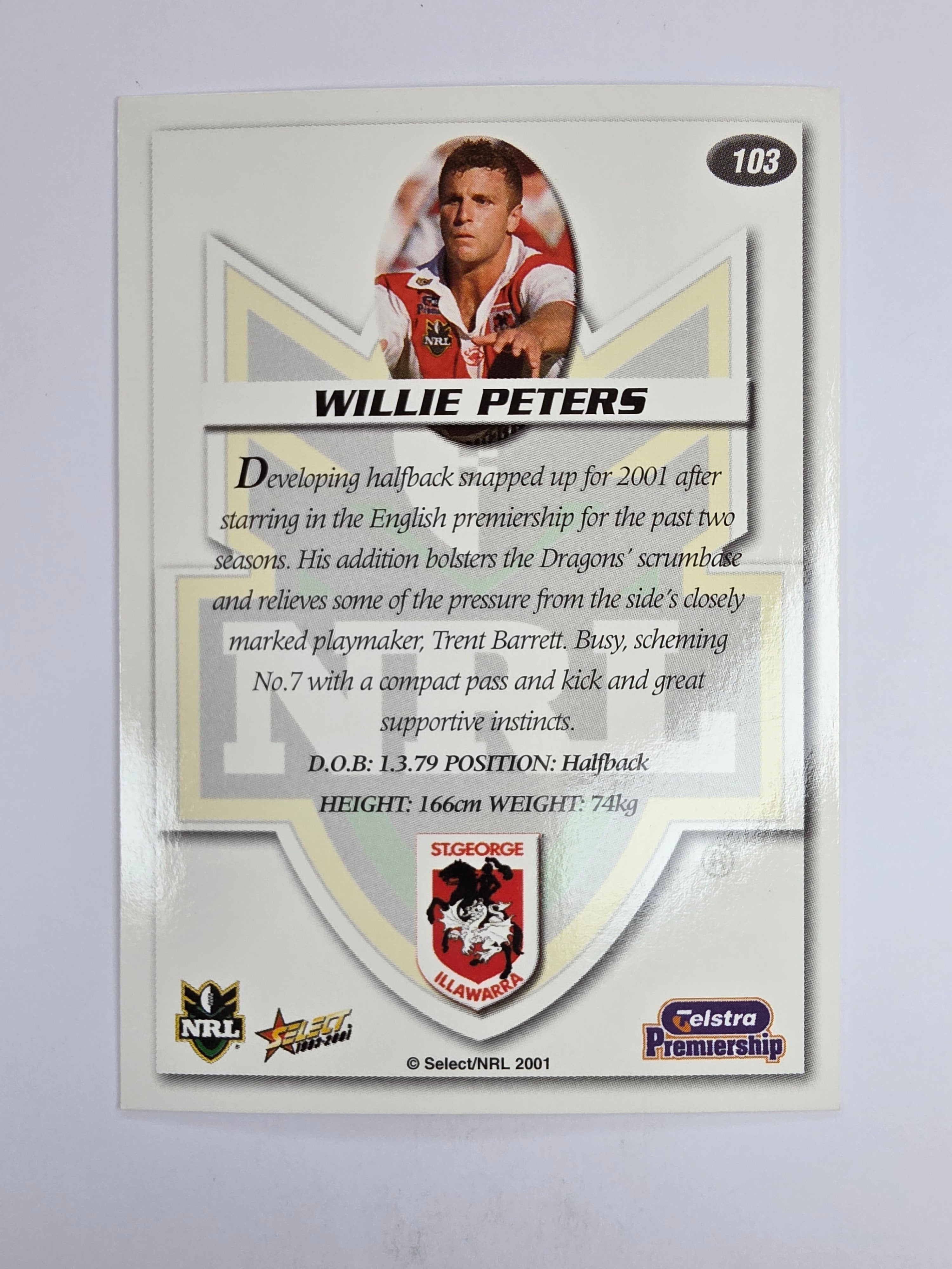 NRL 2001 Impact Base Card #103 Willie Peters St George Illawarra Dragons
