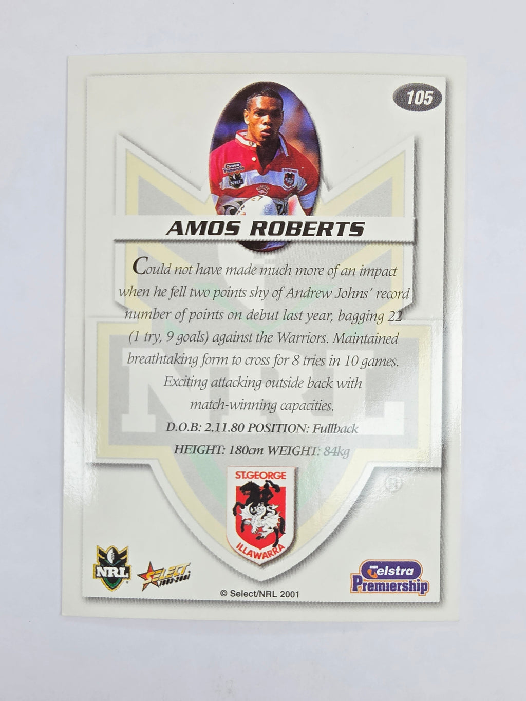 NRL 2001 Impact Base Card #105 Amos Roberts St George Illawarra Dragons