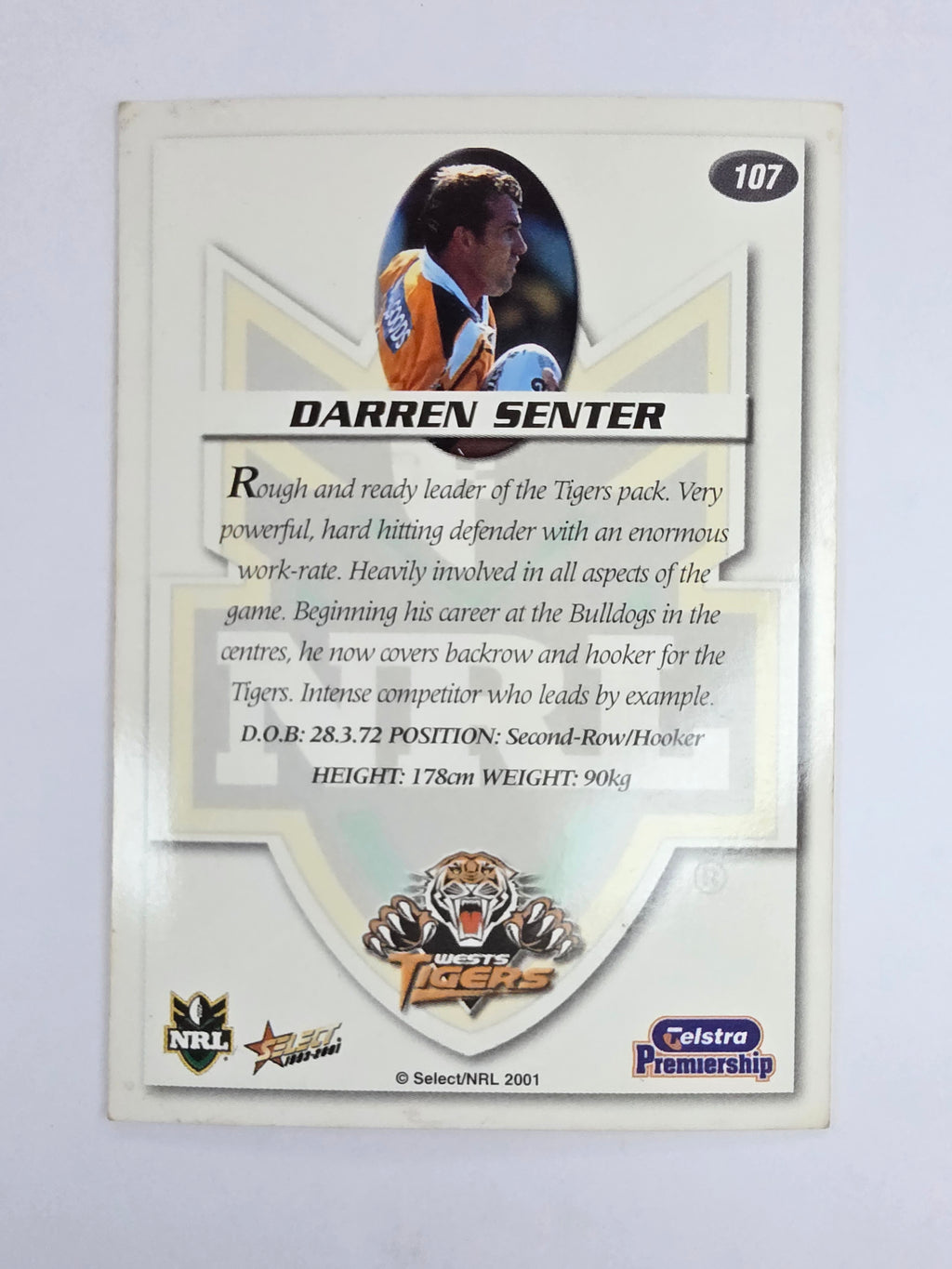 NRL 2001 Impact Base Card #107 Darren Senter Wests Tigers