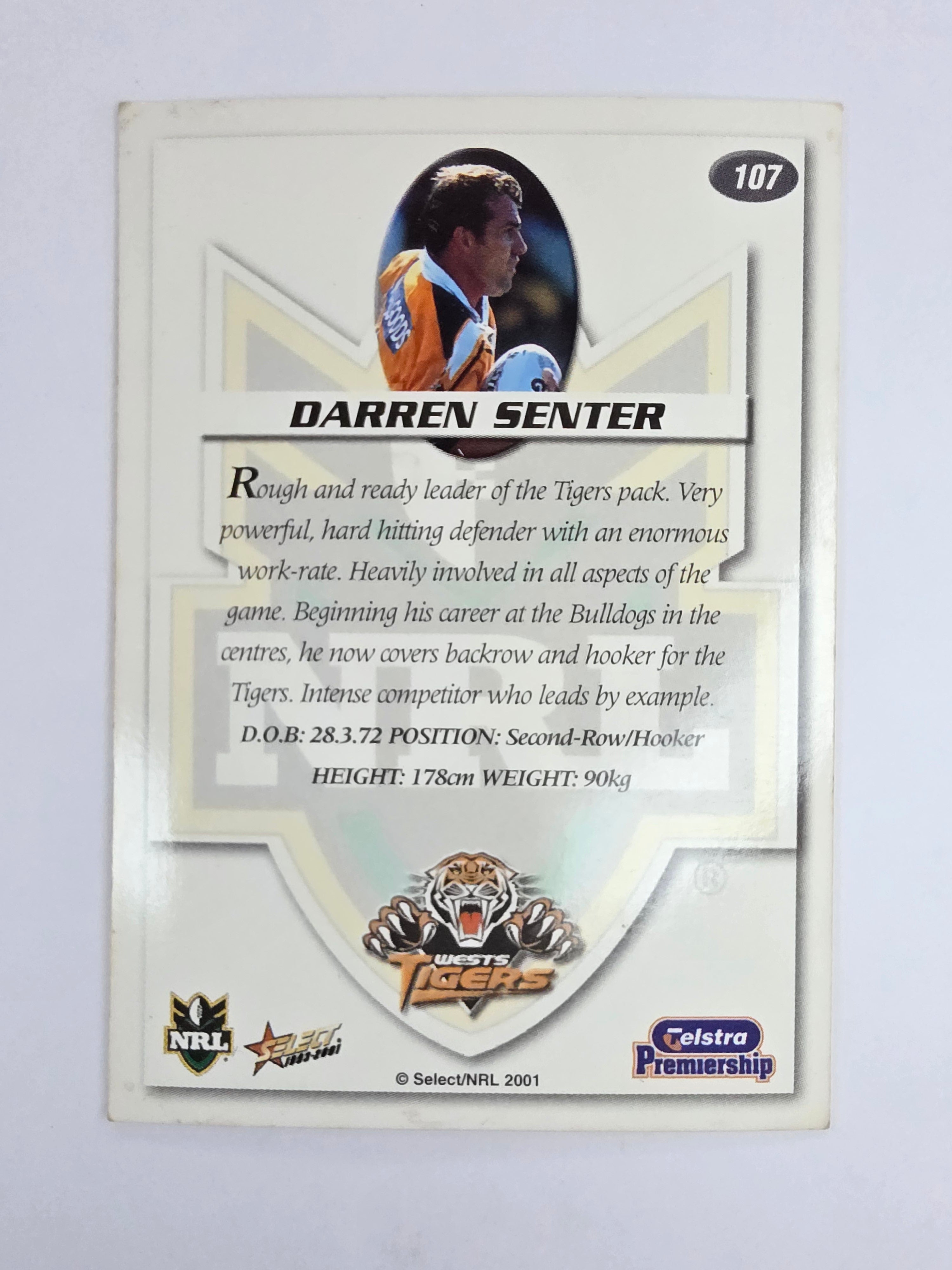 NRL 2001 Impact Base Card #107 Darren Senter Wests Tigers