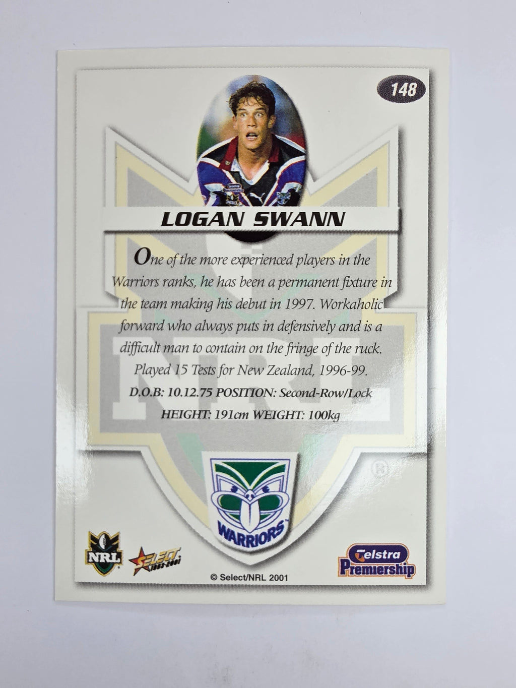 NRL 2001 Impact Base Card #148 Logan Swann New Zealand Warriors