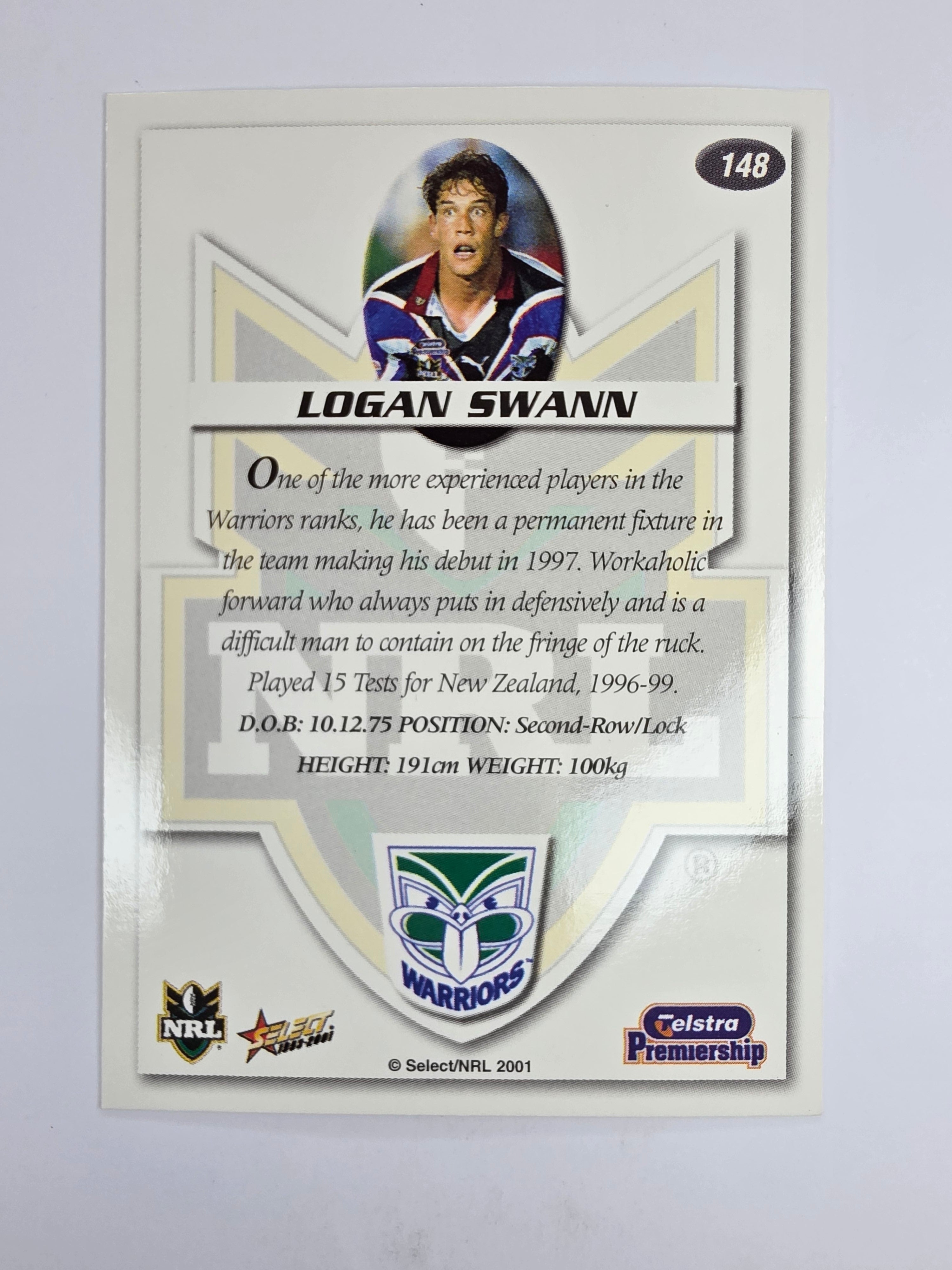 NRL 2001 Impact Base Card #148 Logan Swann New Zealand Warriors