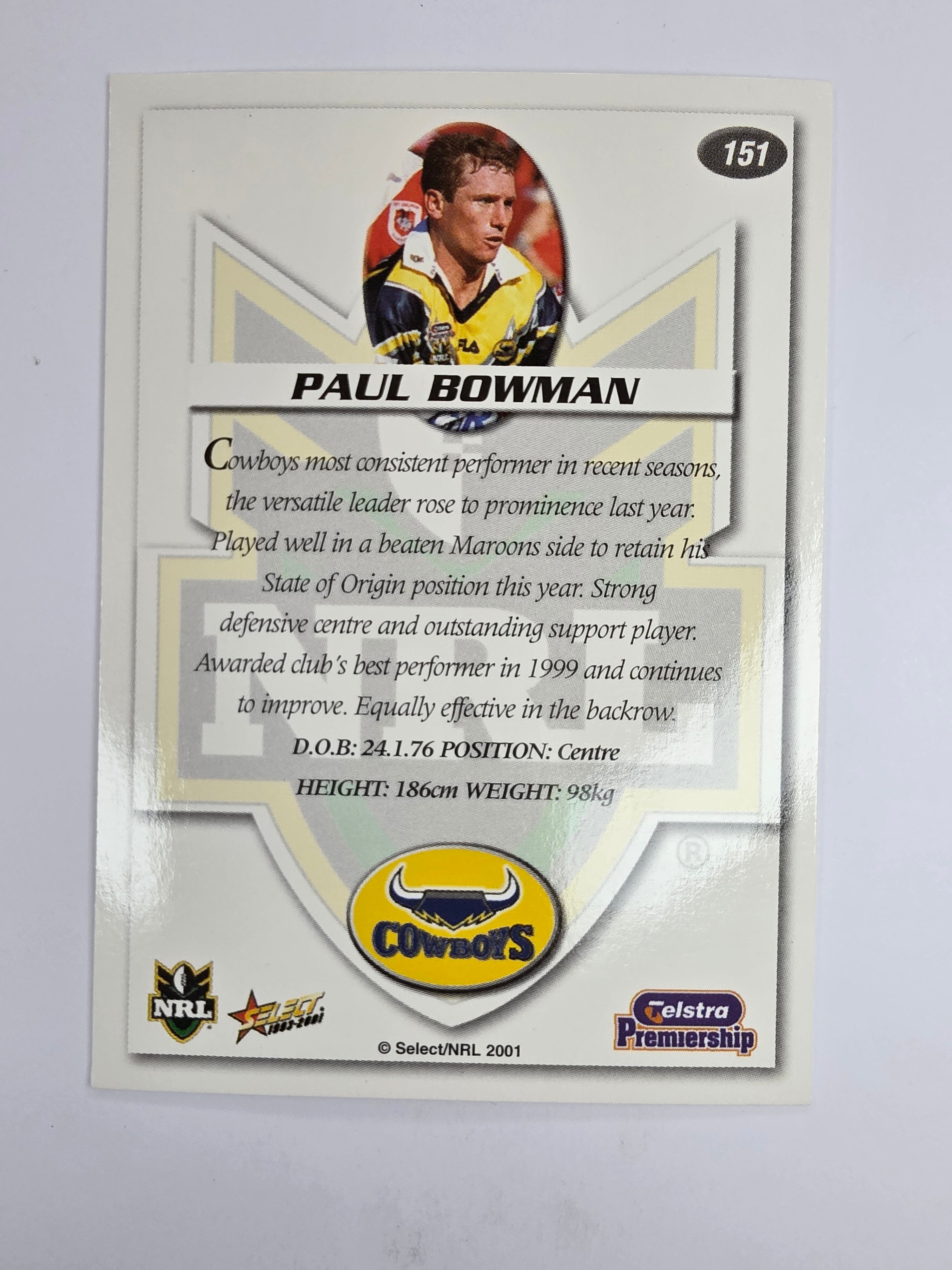 NRL 2001 Impact Base Card #151 Paul Bowman North Queensland Cowboys