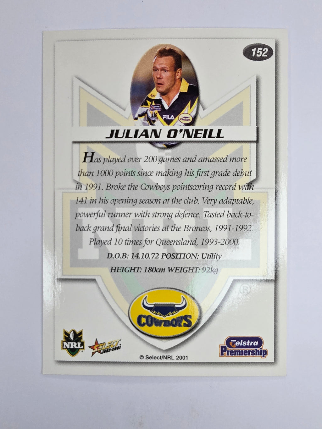 NRL 2001 Impact Base Card #152 Julian O’Neill North Queensland Cowboys