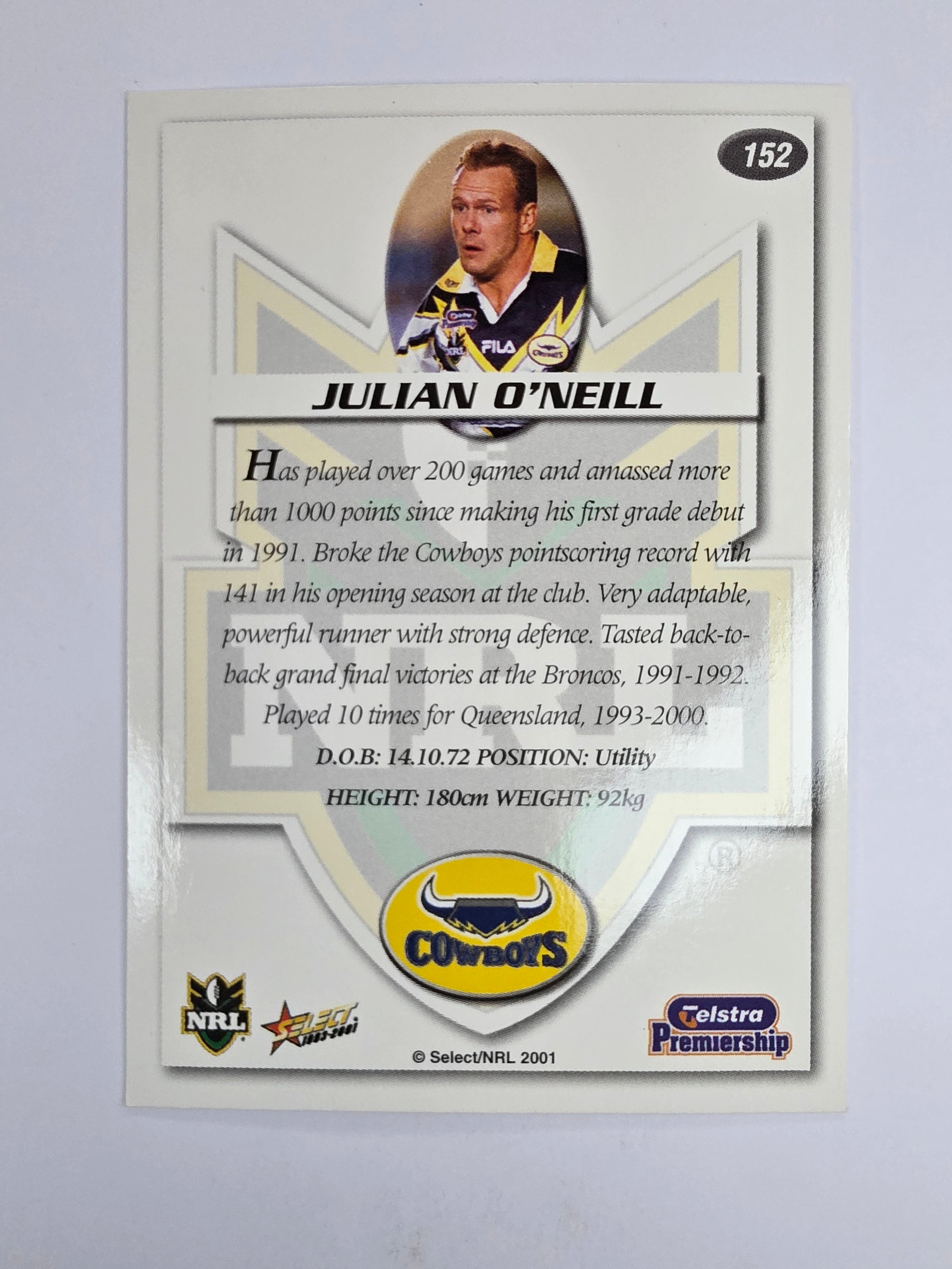 NRL 2001 Impact Base Card #152 Julian O’Neill North Queensland Cowboys