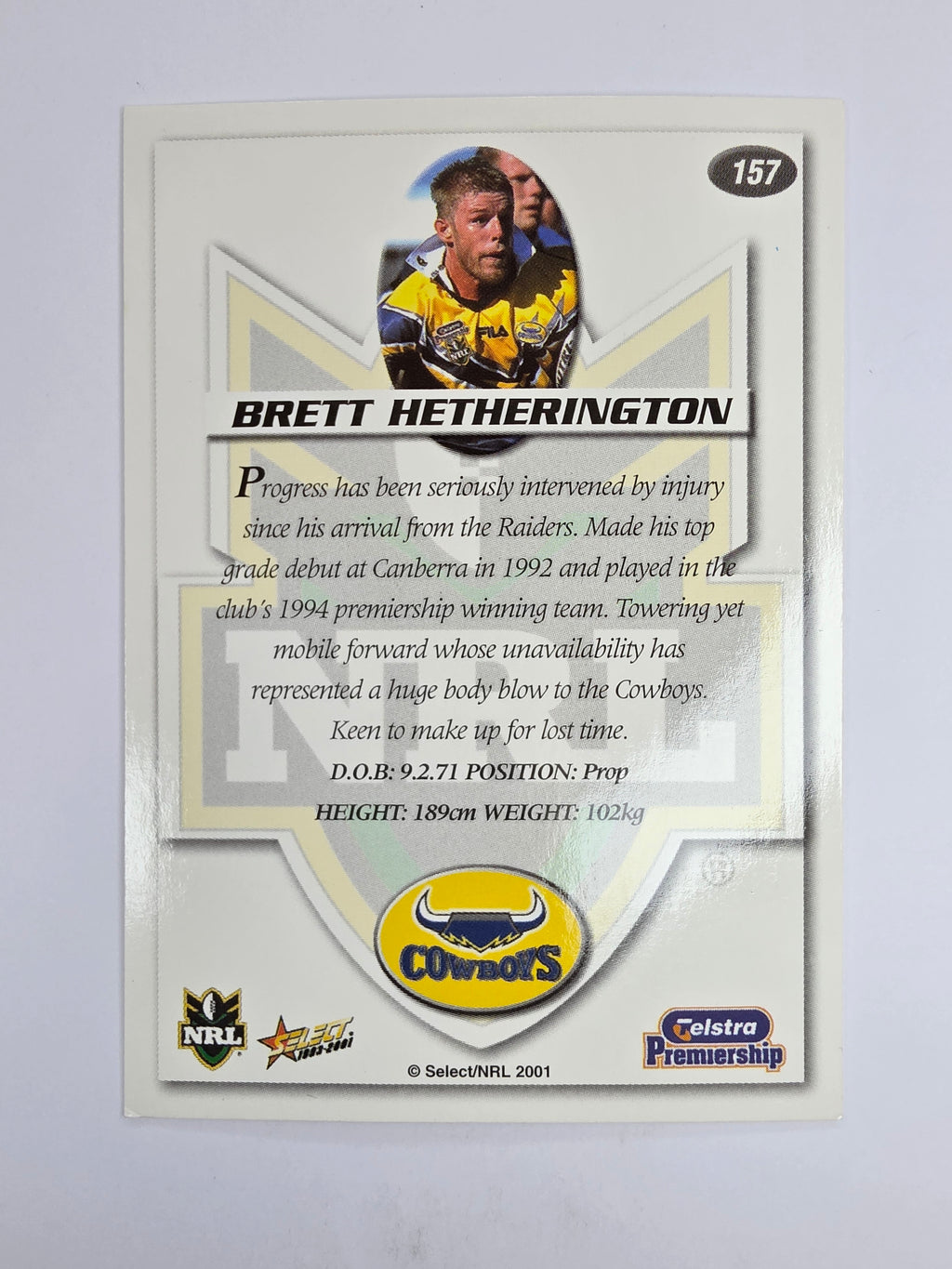 NRL 2001 Impact Base Card #157 Brett Hetherington North Queensland Cowboys