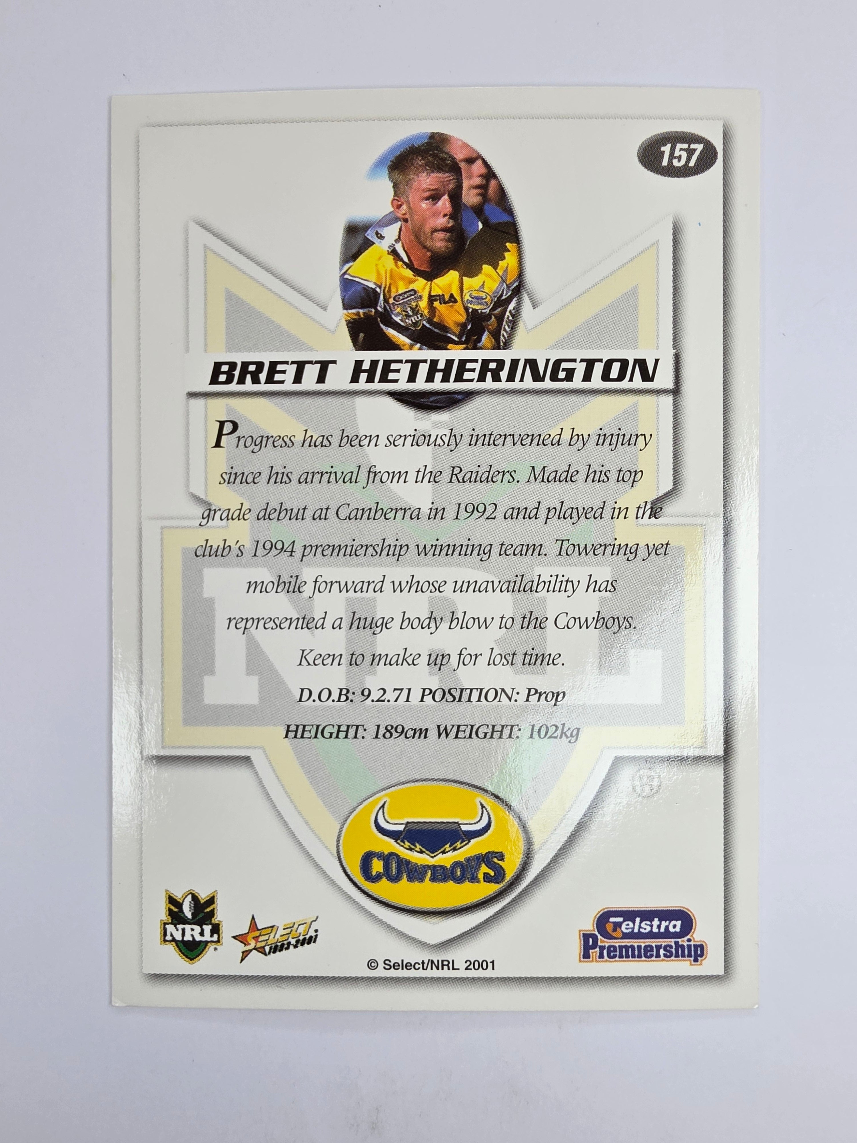NRL 2001 Impact Base Card #157 Brett Hetherington North Queensland Cowboys