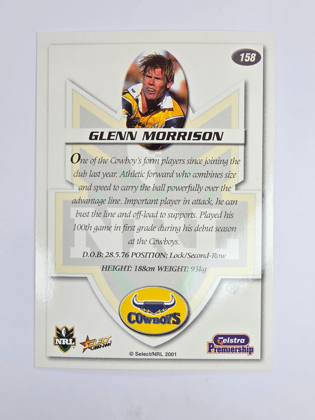 NRL 2001 Impact Base Card #158 Glenn Morrison North Queensland Cowboys