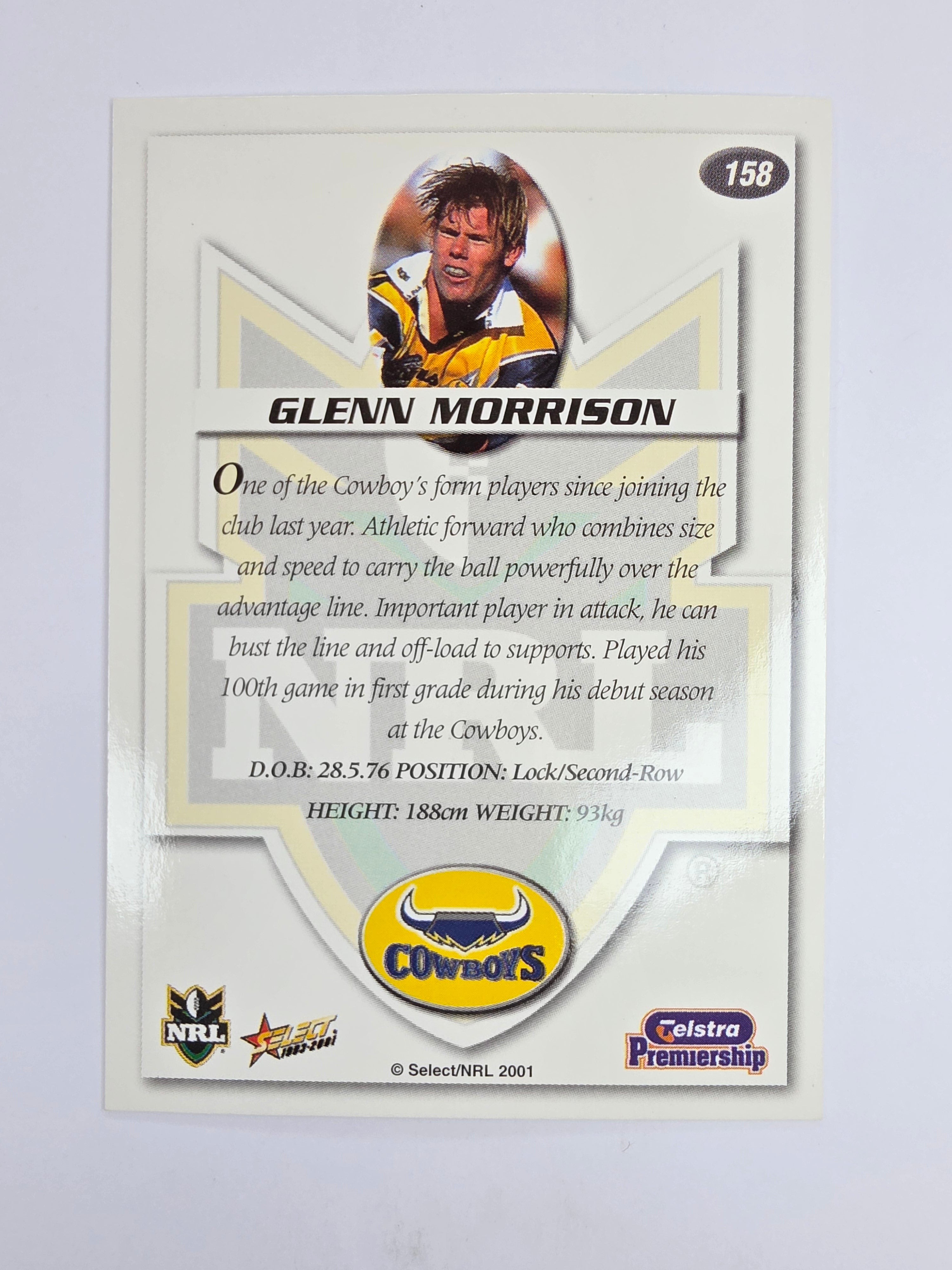 NRL 2001 Impact Base Card #158 Glenn Morrison North Queensland Cowboys