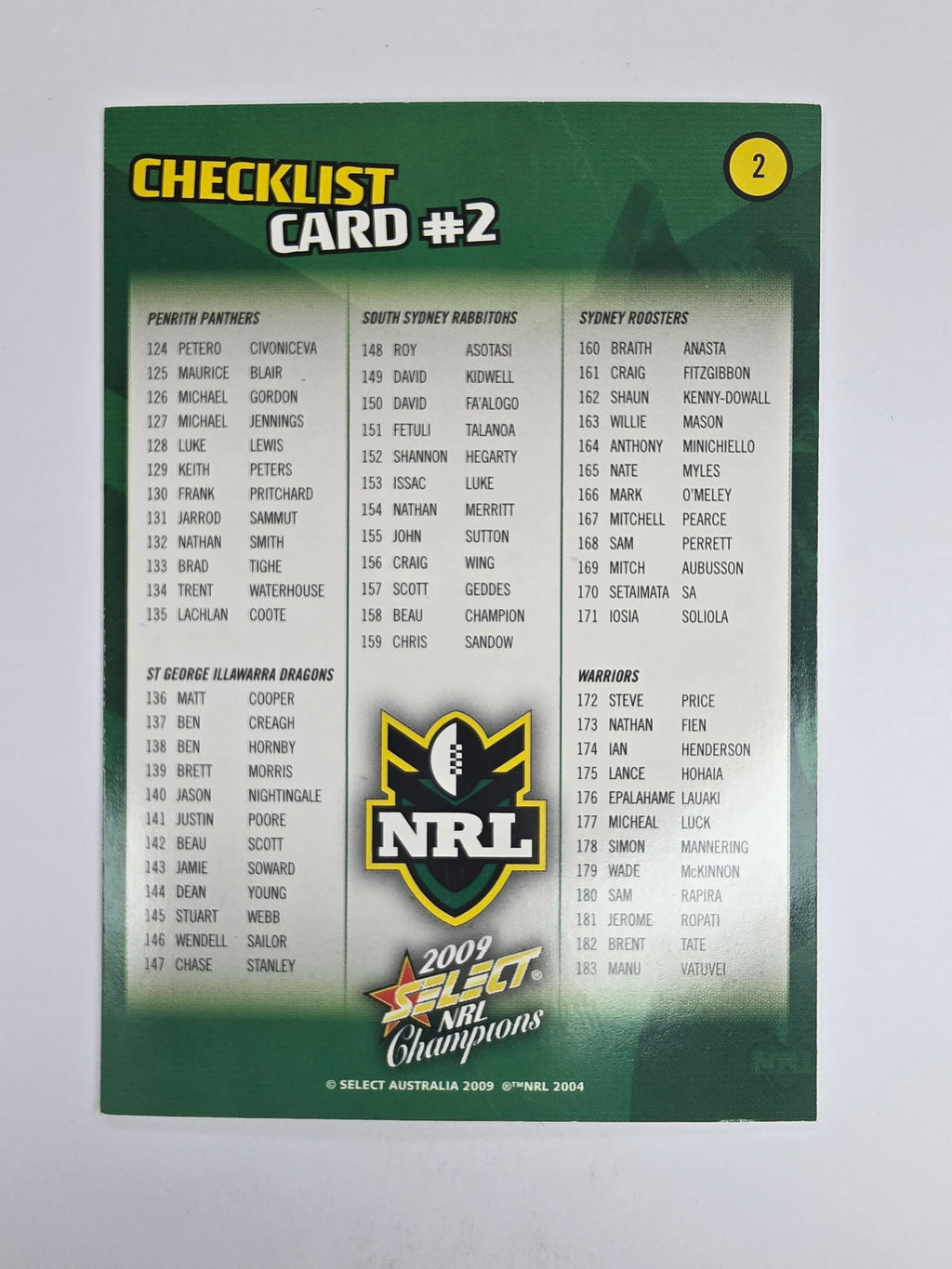 NRL 2009 Champions Base Card #2 Checklist