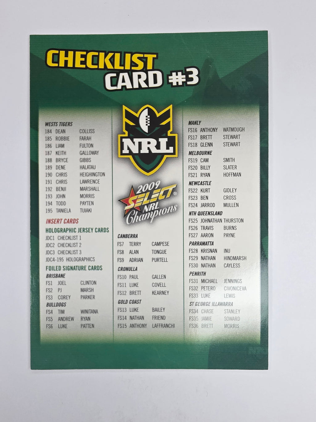 NRL 2009 Champions Base Card #3 Checklist