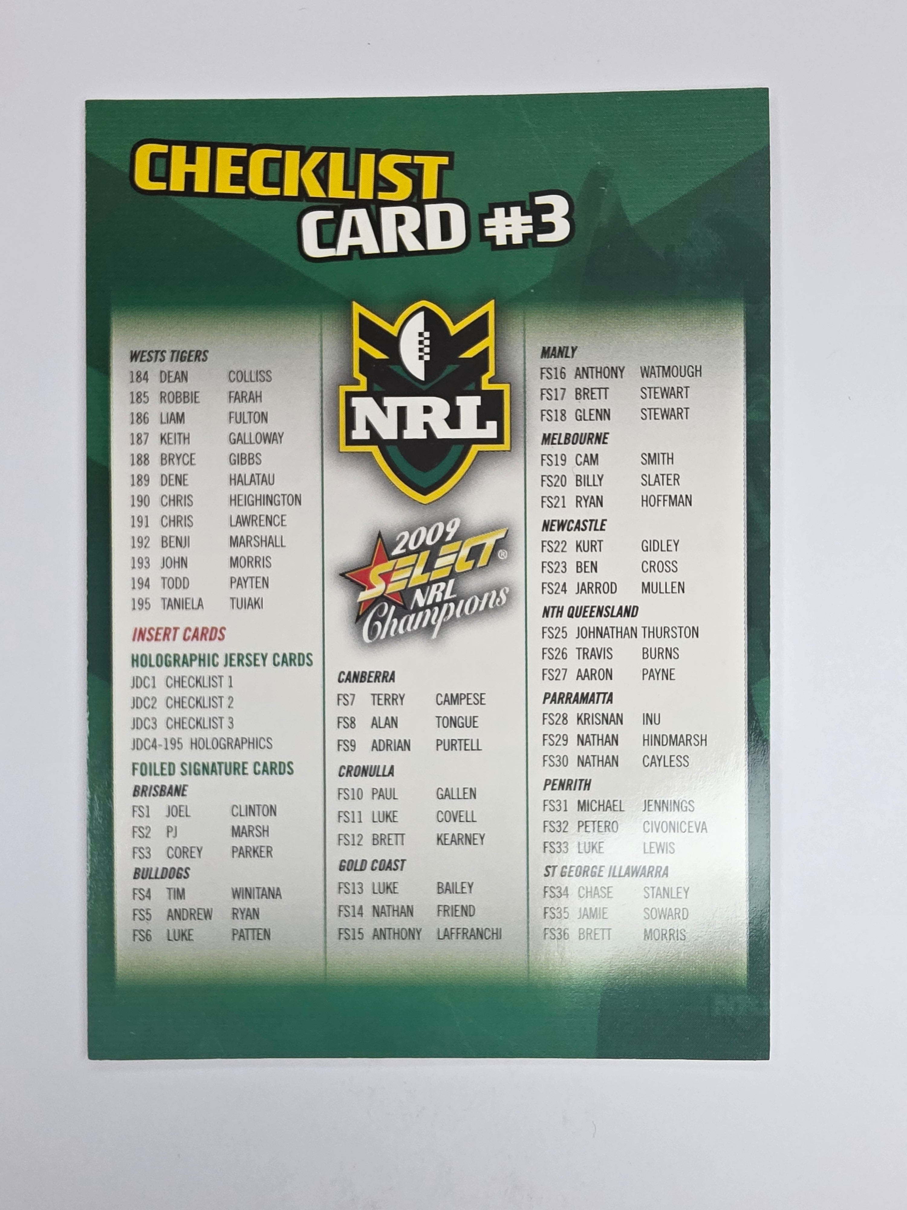 NRL 2009 Champions Base Card #3 Checklist