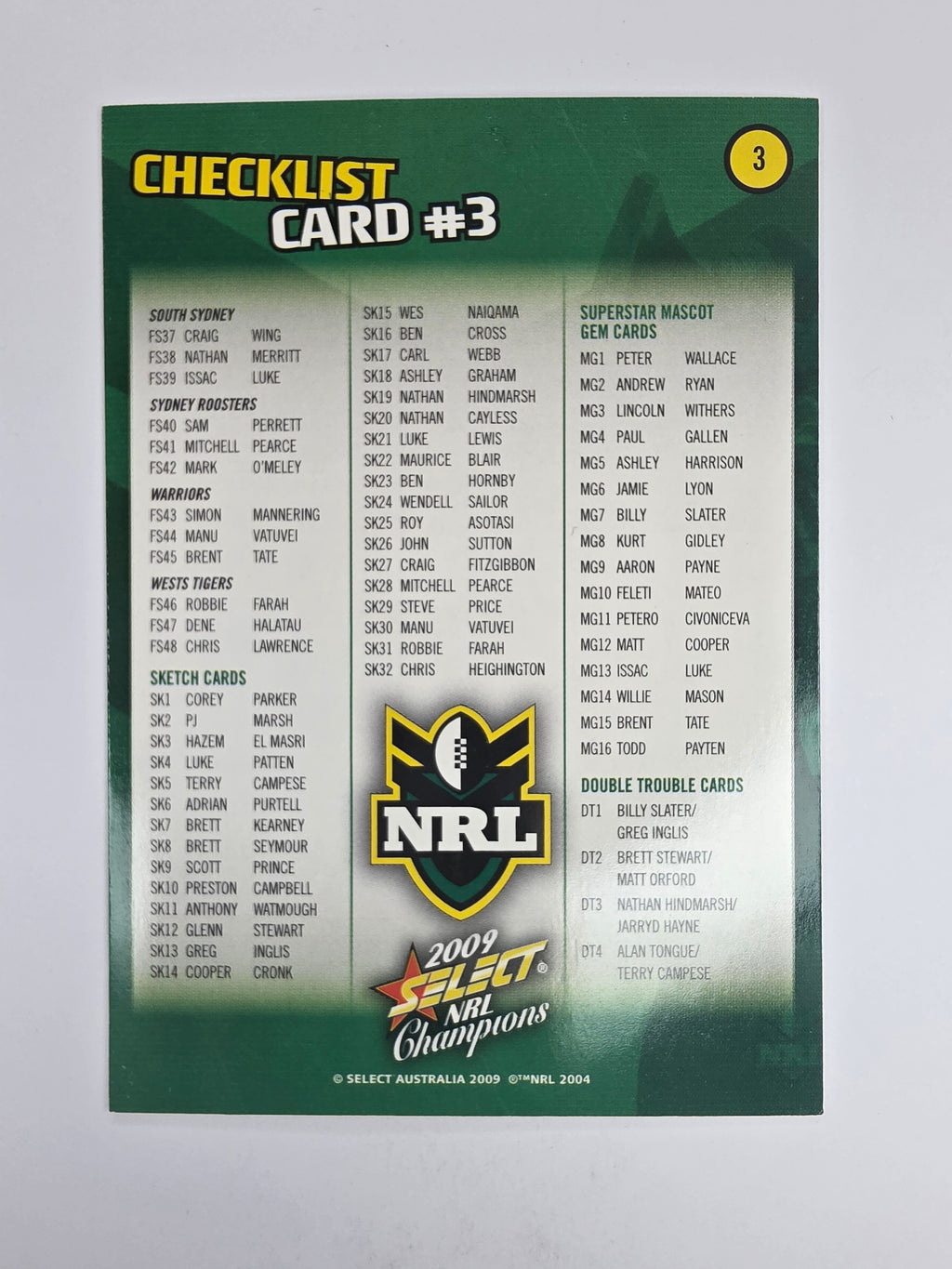 NRL 2009 Champions Base Card #3 Checklist