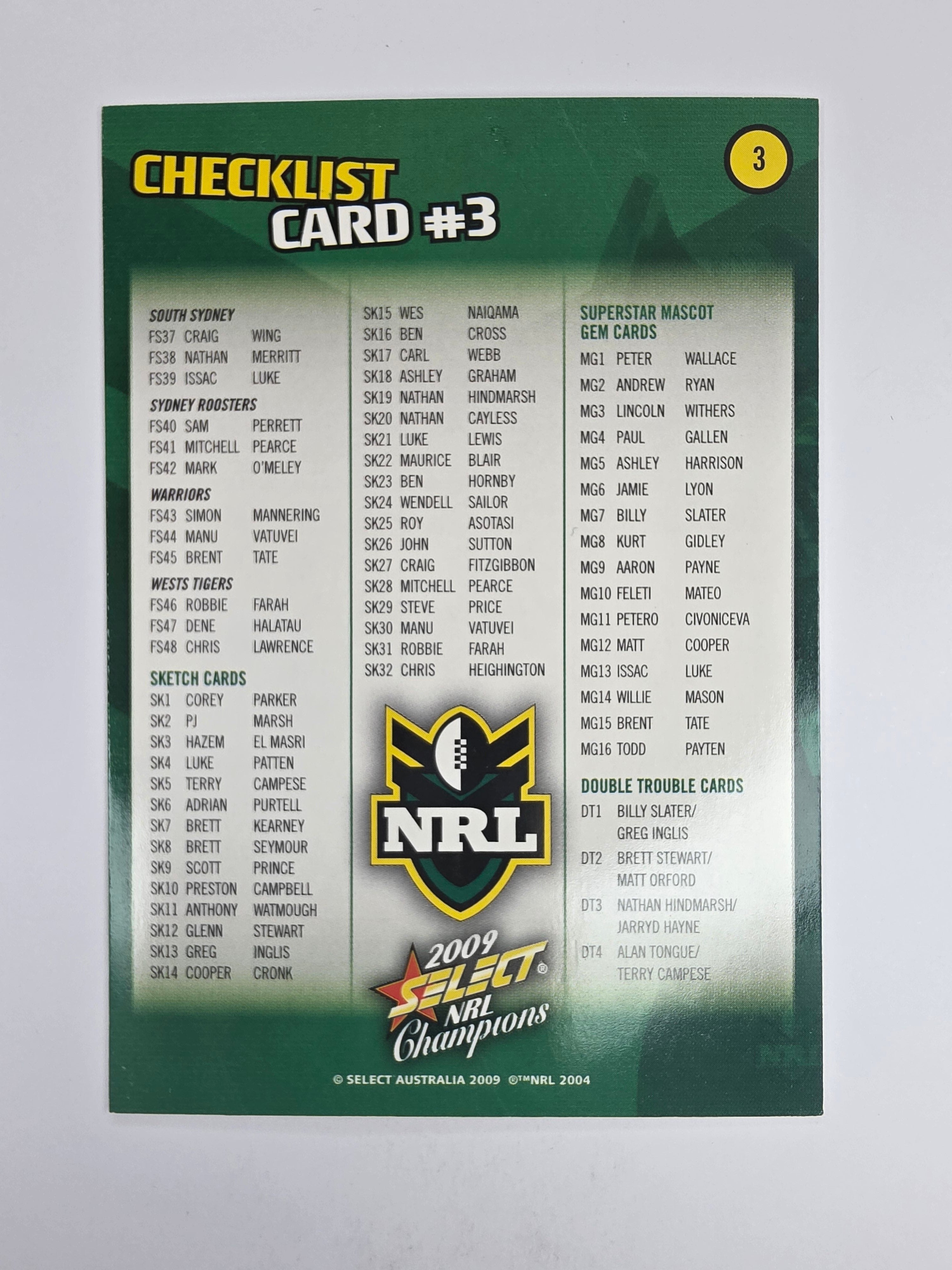 NRL 2009 Champions Base Card #3 Checklist