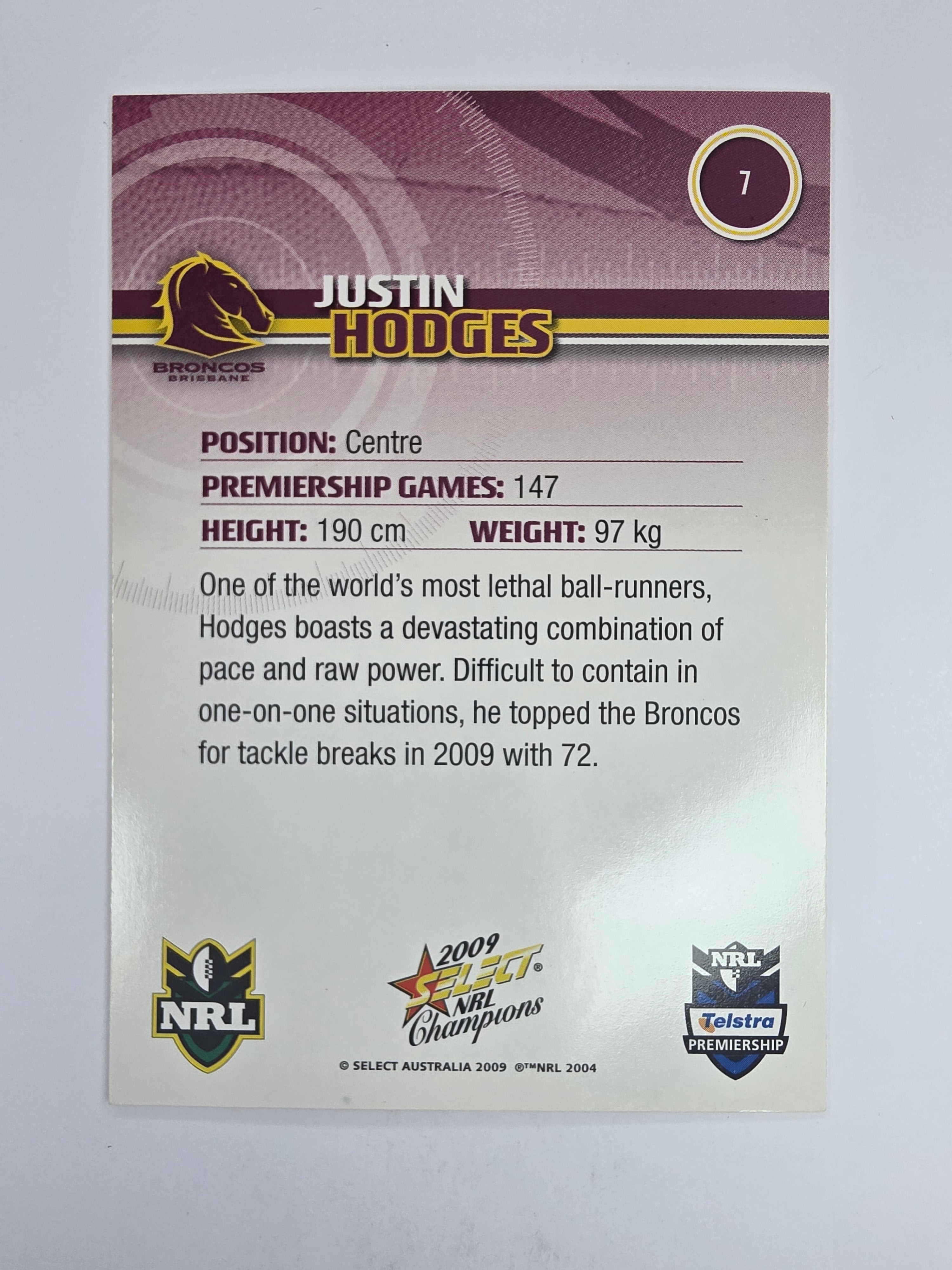 NRL 2009 Champions Base Card #7 Justin Hodges Brisbane Broncos
