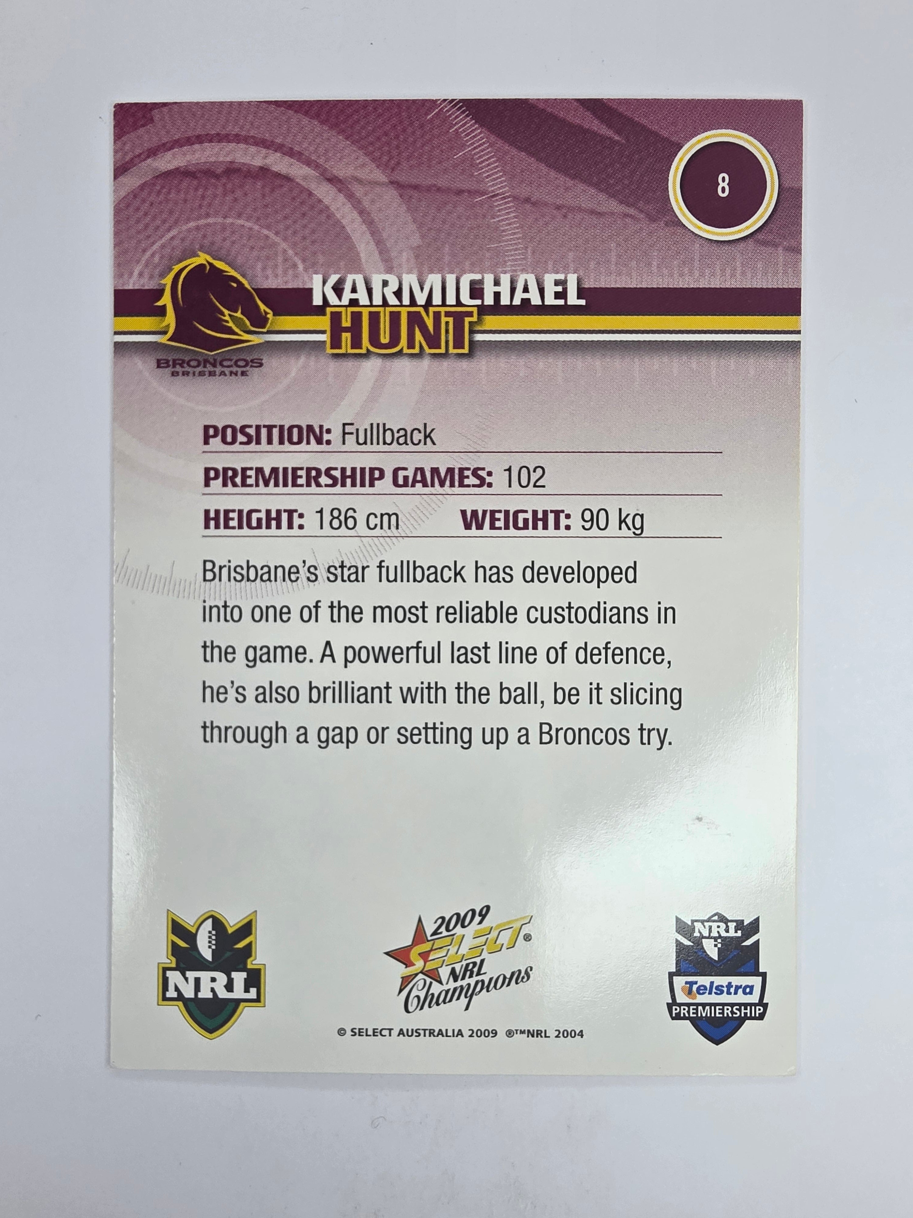 NRL 2009 Champions Base Card #8 Karmichael Hunt Brisbane Broncos